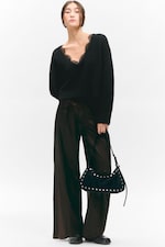Dark Brown - High Waisted Wide Leg Satin Trousers - 0