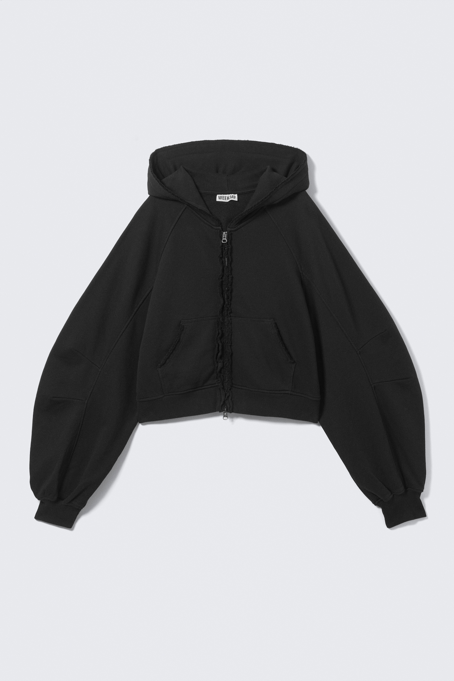 Oversized Cropped Frayed Zip Hoodie - Black - 2