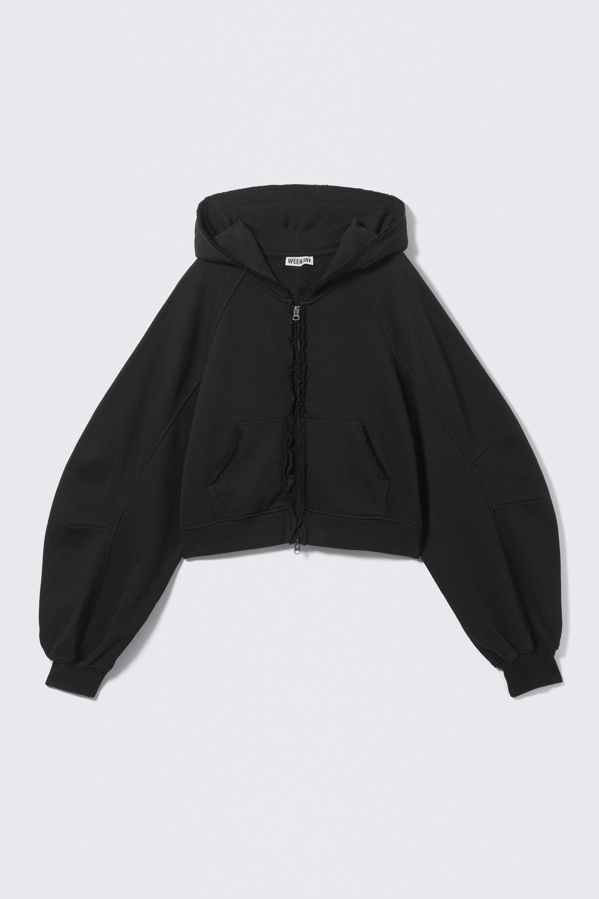 Black - Oversized Cropped Frayed Zip Hoodie - 3
