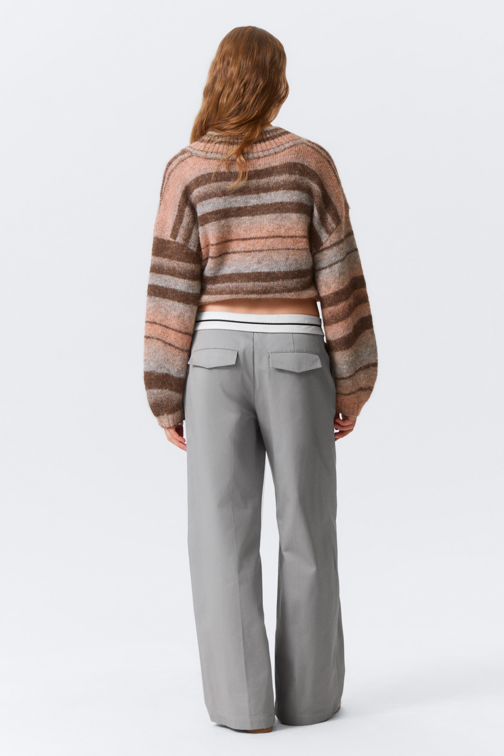 Grey - Low Rise Folded Waist Twill Trousers - 6