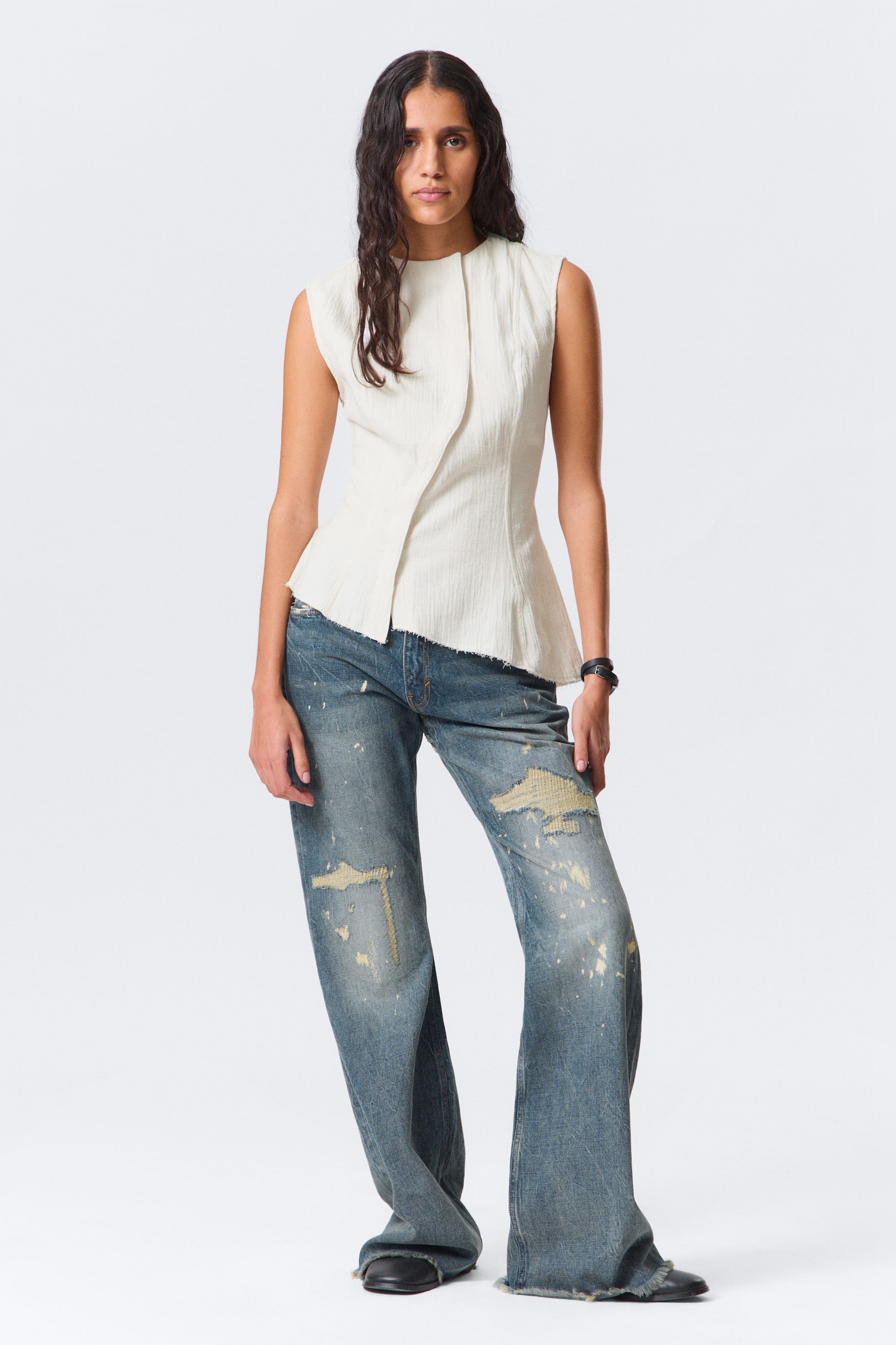White - Sleeveless Asymmetric Peplum Top - 2