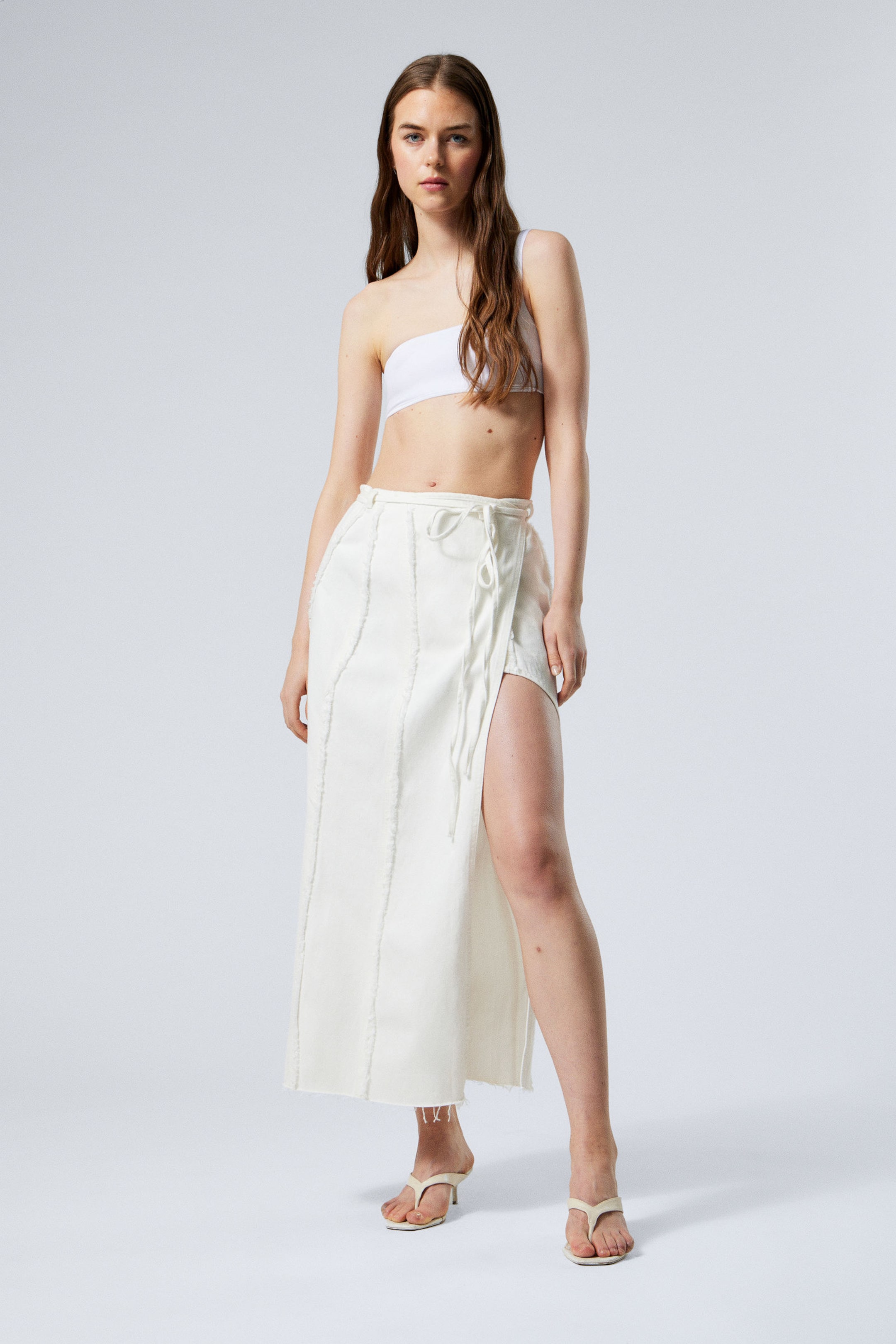 #FFFFFF - Raw-Edged Maxi Denim Wrap Skirt - 1