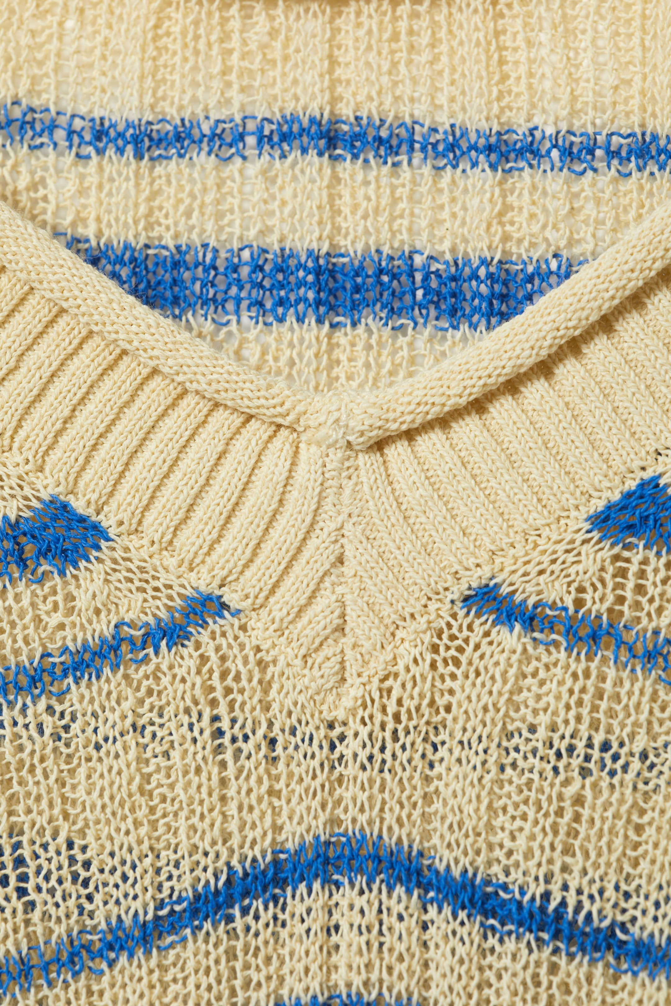 Light Yellow - Blue Stripes - Relaxed Knitted V-neck Sweater - 3