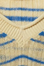Light Yellow - Blue Stripes - Relaxed Knitted V-neck Sweater - 3
