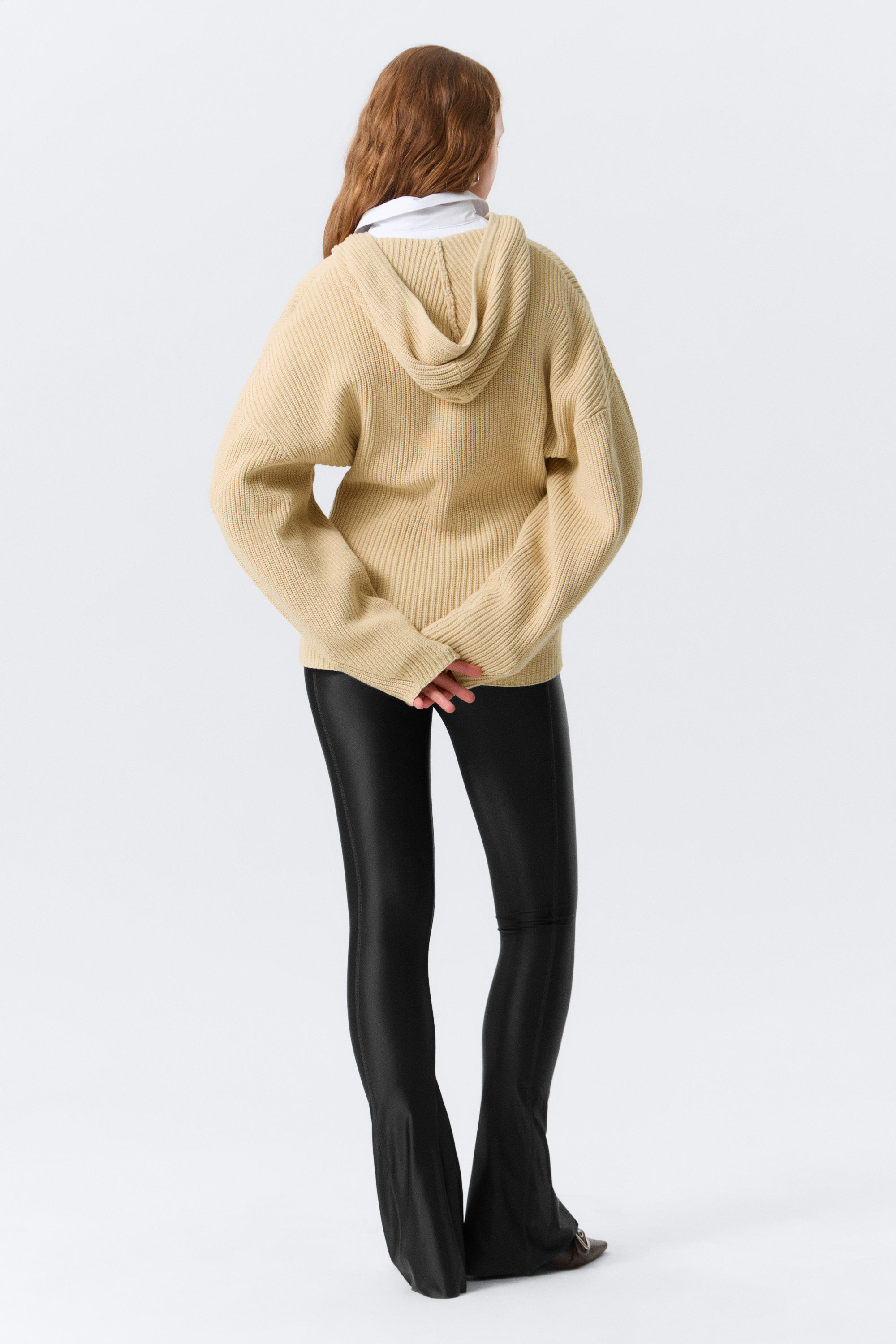 Beige - Long Knitted Zip Hoodie - 6