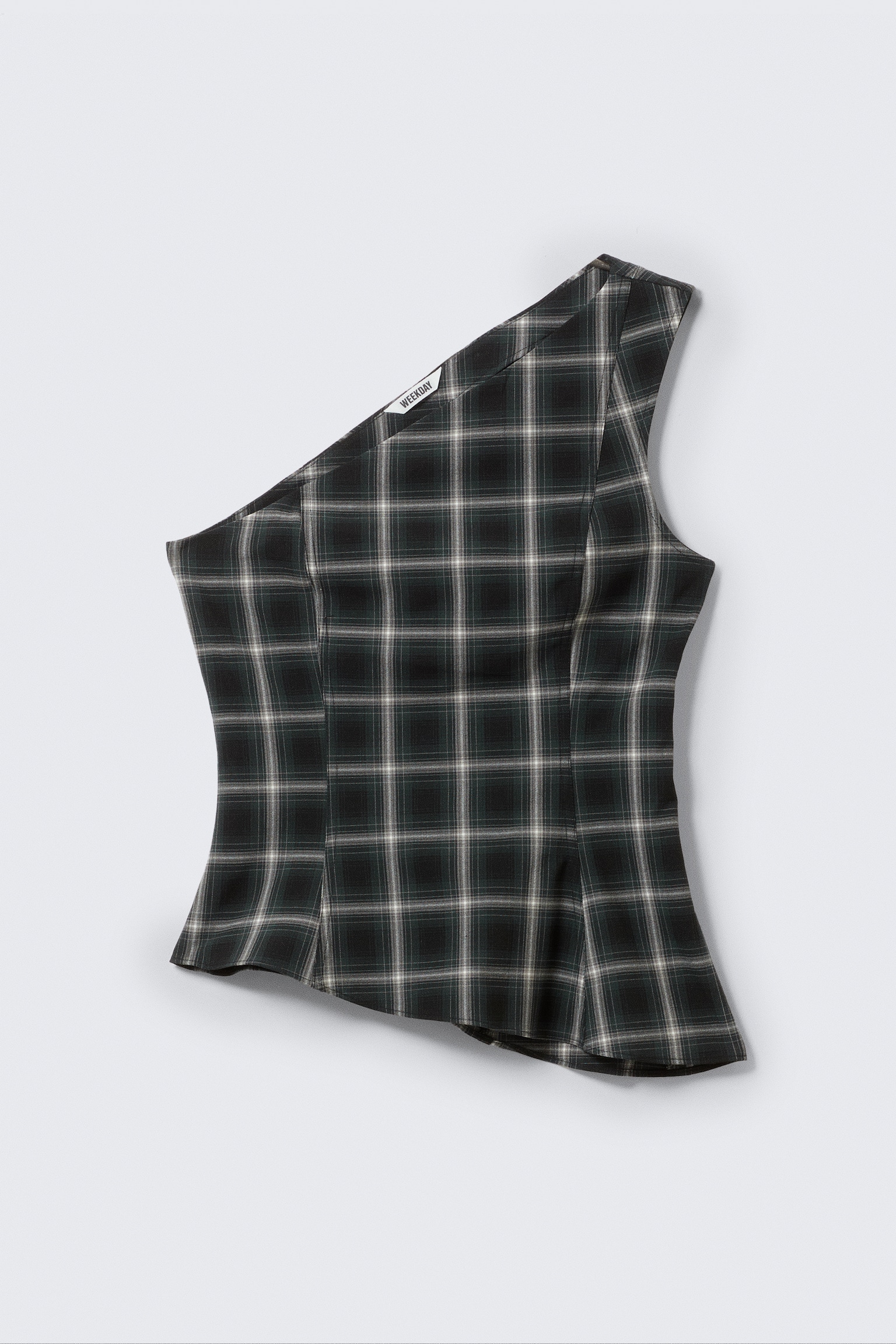 Asymmetrisches, figurbetontes One-Shoulder-Top - Schwarz kariert/Schwarz/Dunkelblau - 2