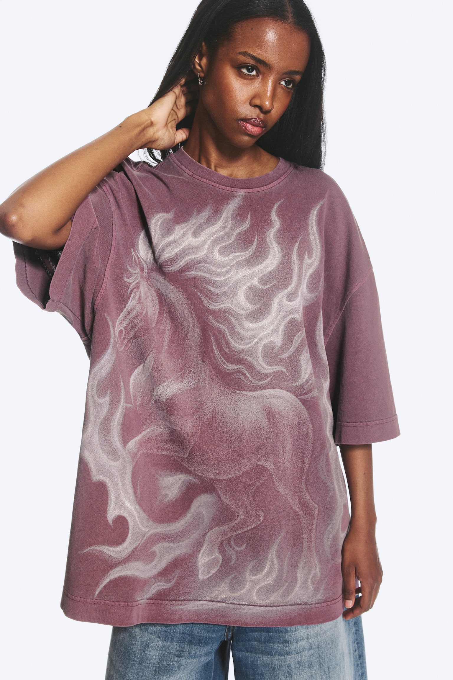 Wide oversized T-shirt med print - Mørk syren - 1