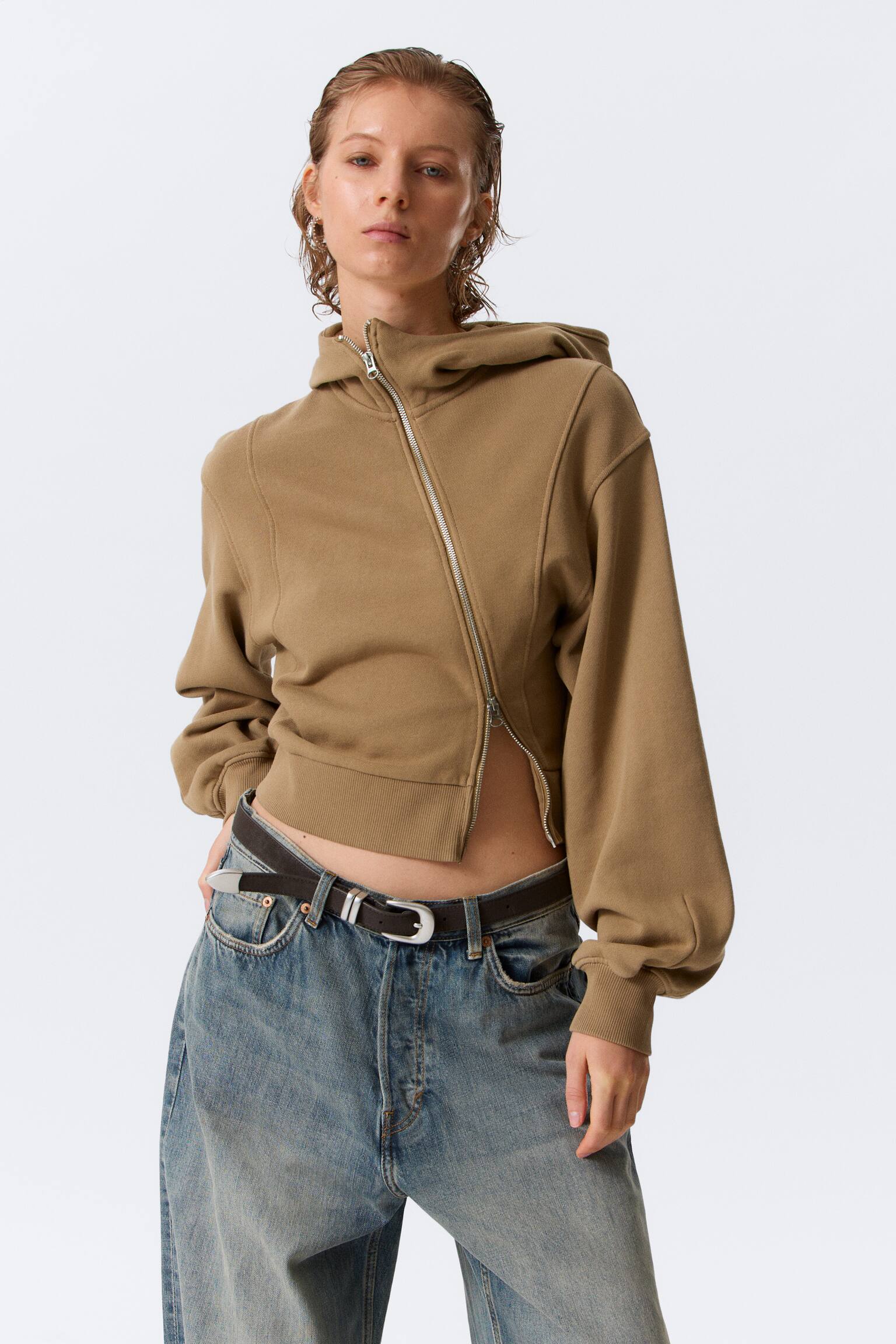 Felpa con cappuccio e zip - Beige scuro lavato/Nero - 3