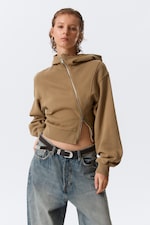 Washed Dark Beige - Cropped Asymmetric Zip Hoodie - 1