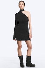 Zwart - Asymmetrische mini-jurk met één mouw - 2