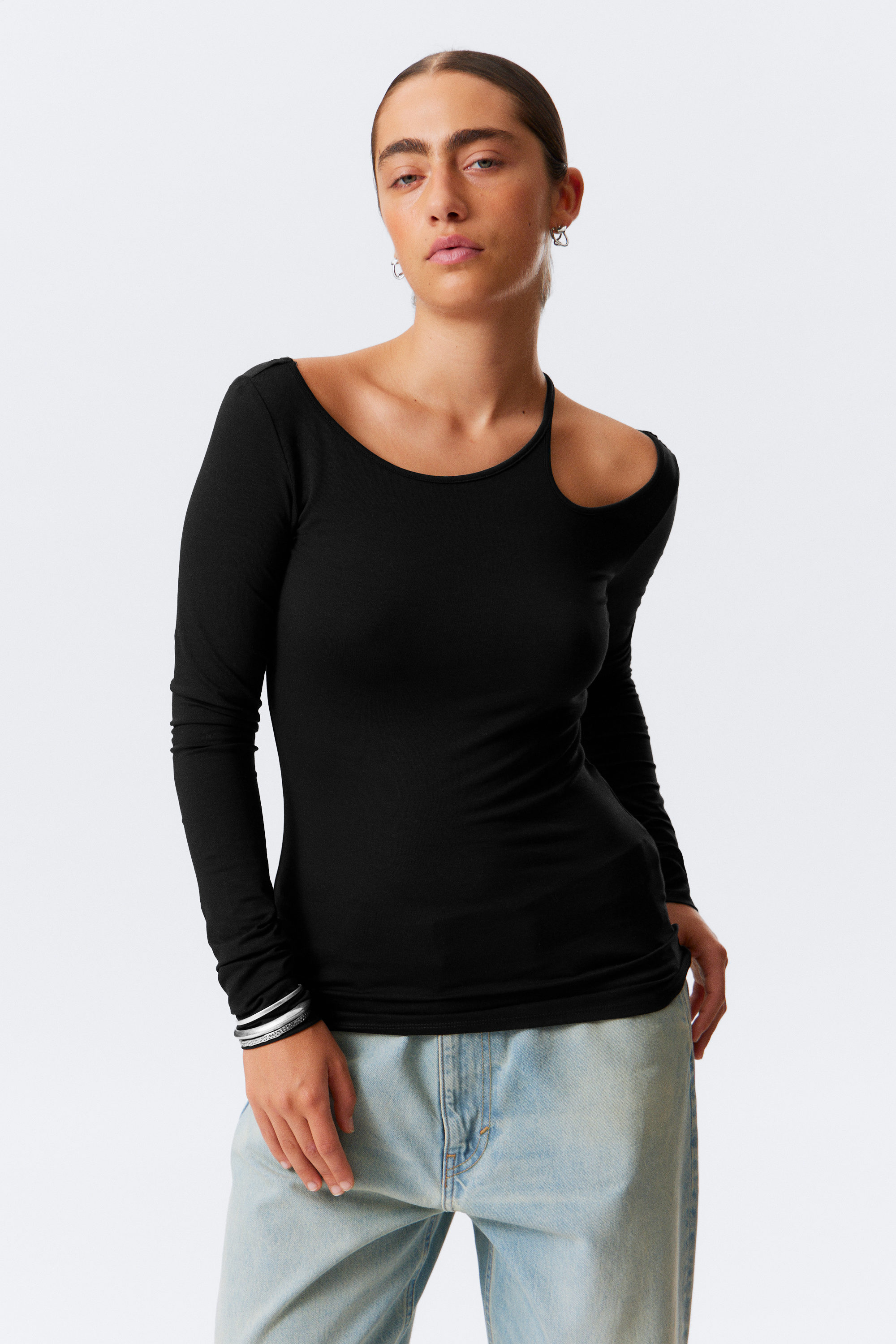 Black - Long-Sleeved Off-Shoulder Top - 1
