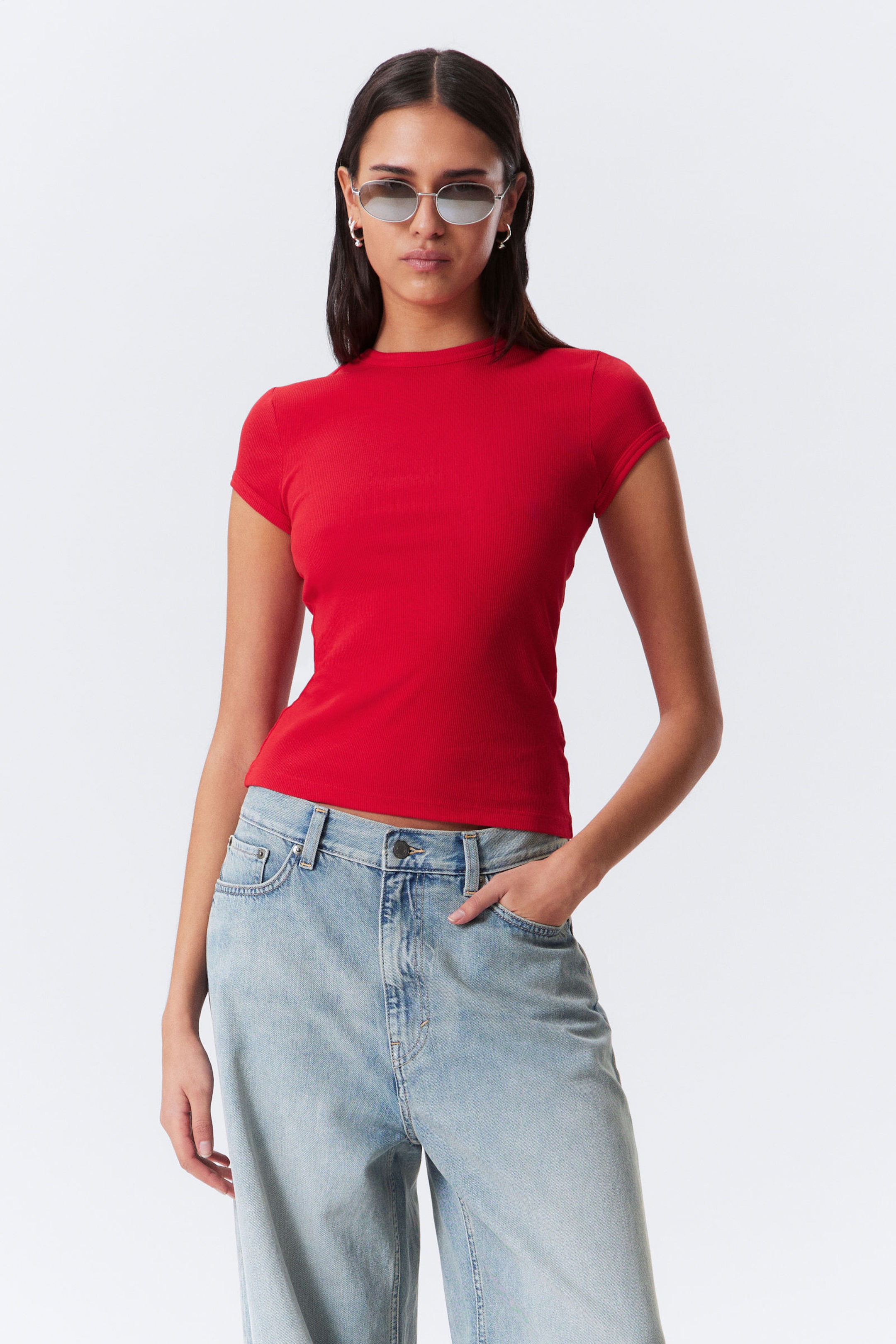 Red - Slim Fit Ribbed Cotton T-shirt - 1