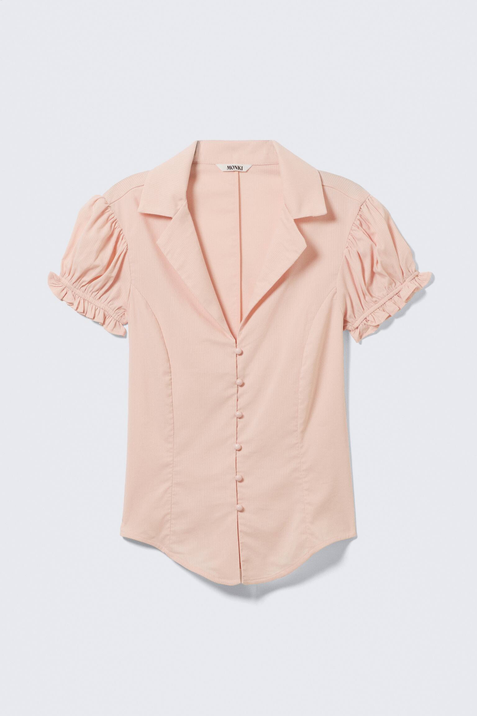 Camisa resort de manga corta ajustada - Peachy Pink a rayas/A rayas marrones - 2