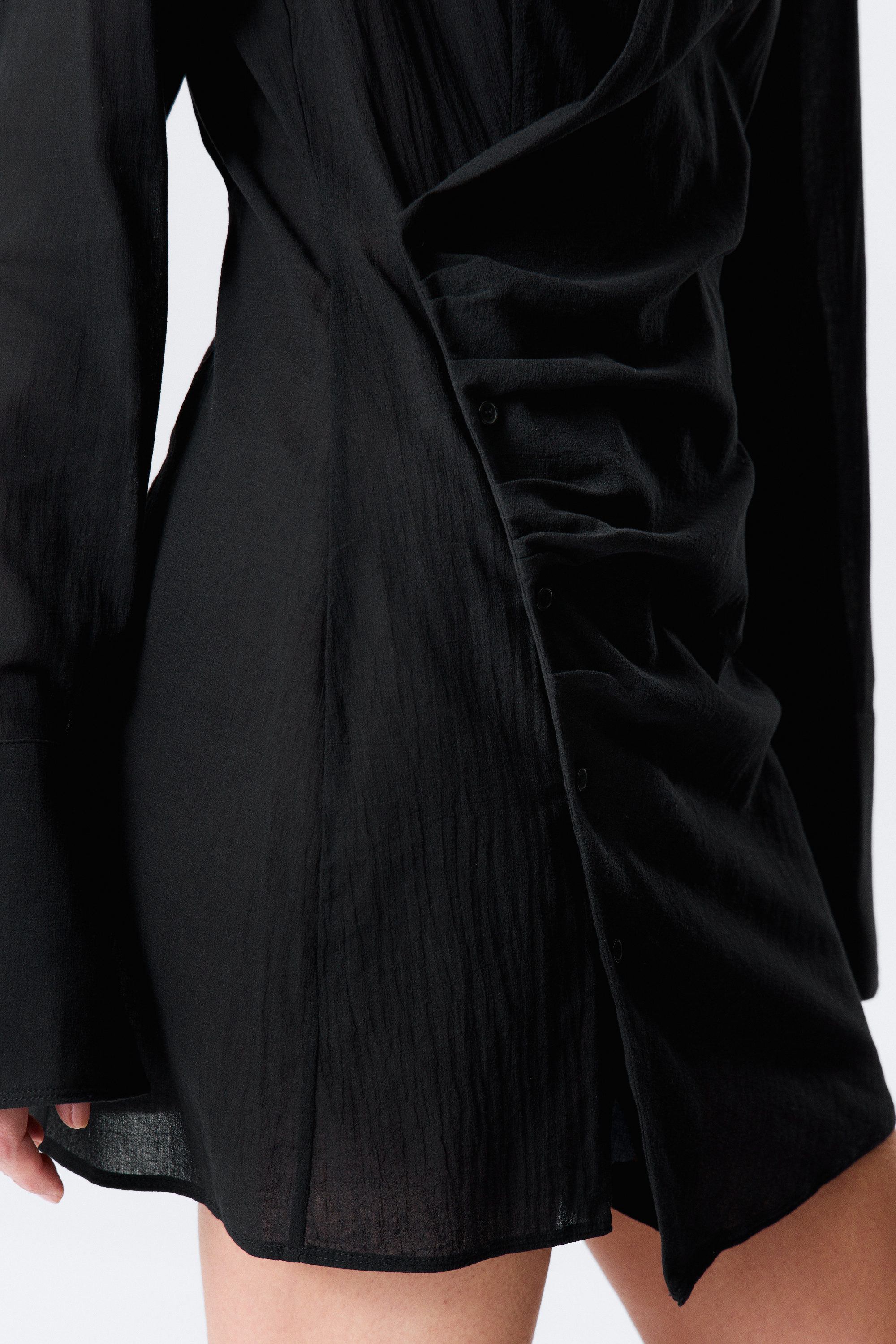 Black - Long-Sleeved Asymmetric Mini Shirt Dress - 2