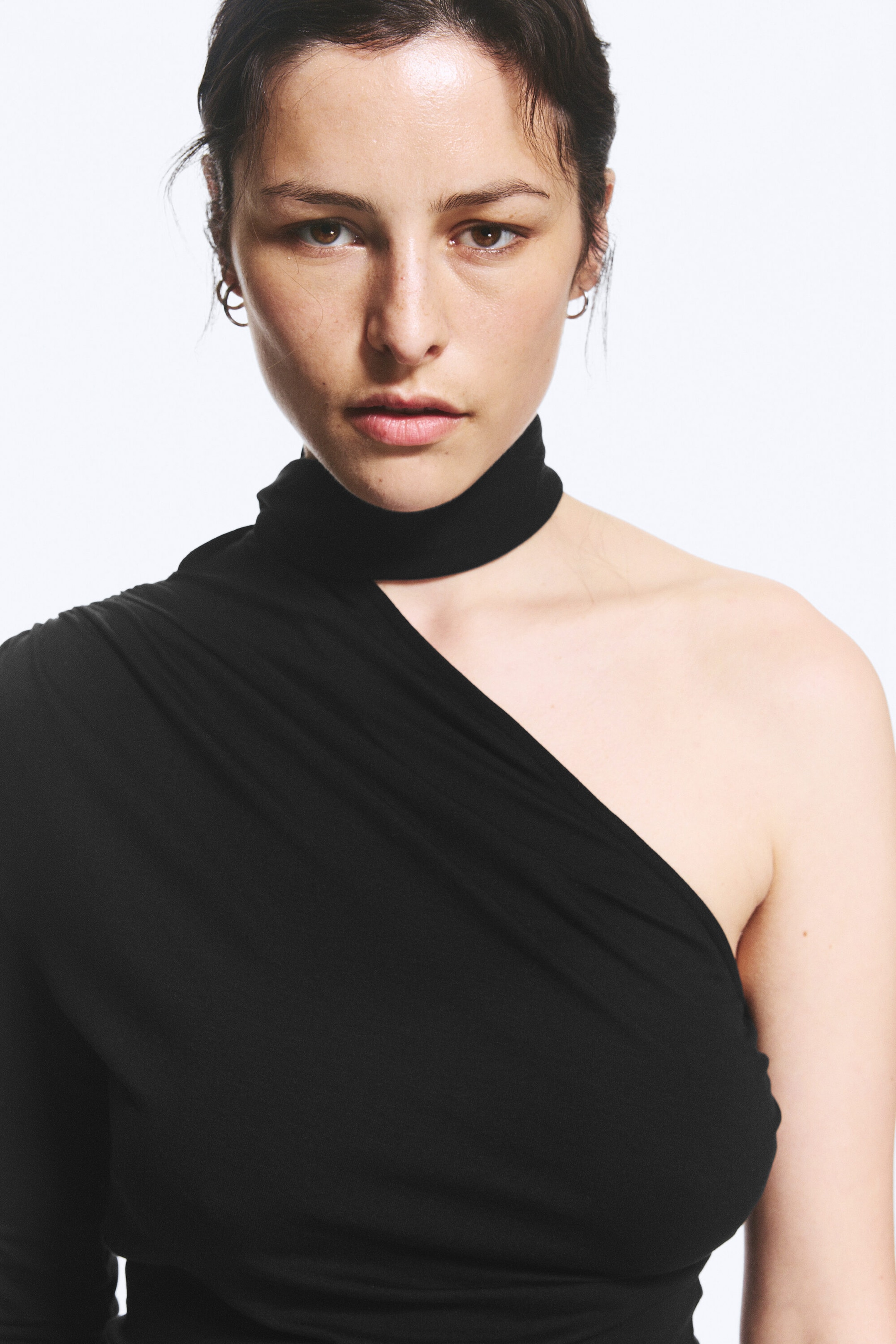 Black - Asymmetric One-Sleeve Mini Dress - 2