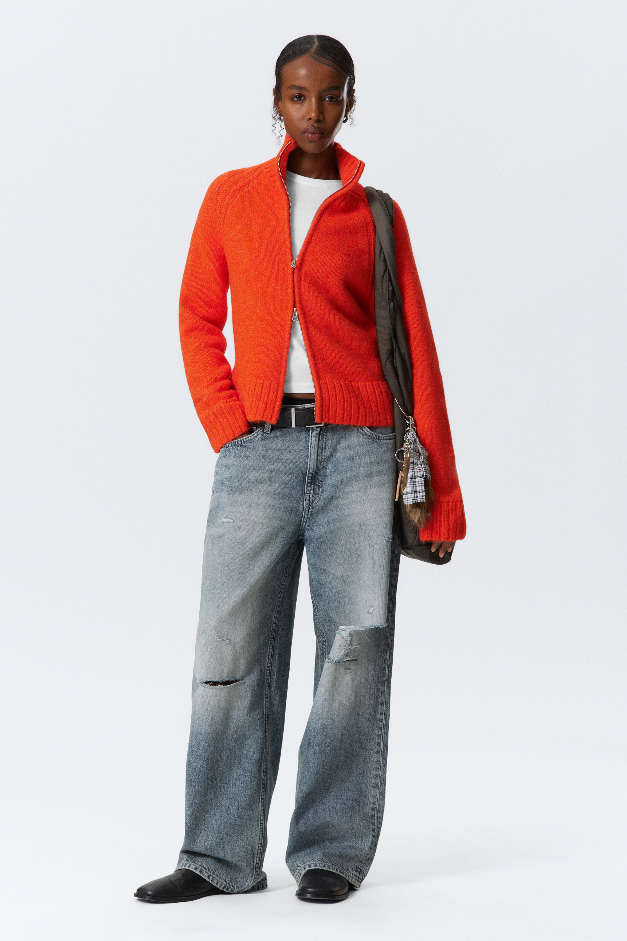 View larger image: Soft Knitted Fitted Zip Cardigan - Bright Orange - Ladies | H&M GB 2