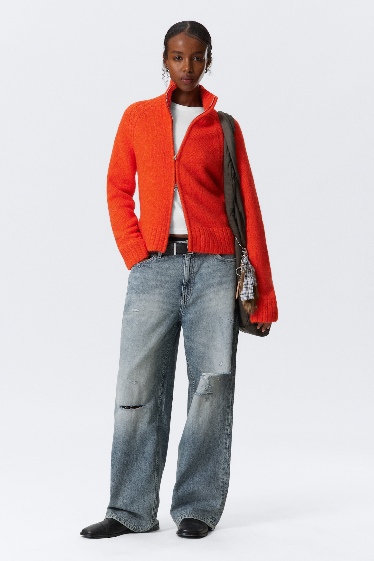 Soft Knitted Fitted Zip Cardigan - Bright Orange/Dark Mossy Green - 6