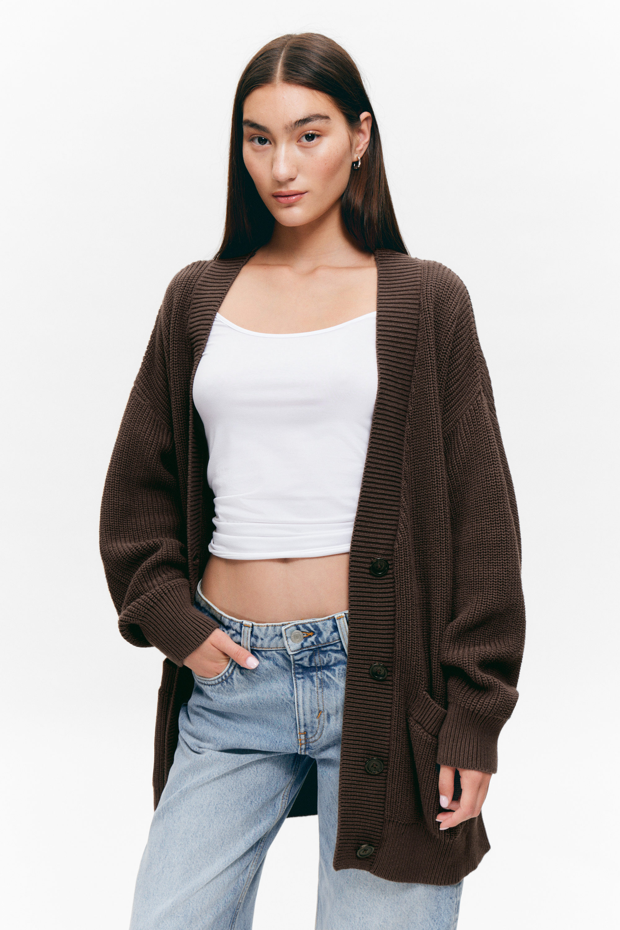 Dunkelbraun - Oversized Cardigan aus Baumwolle mit V-Ausschnitt - 2