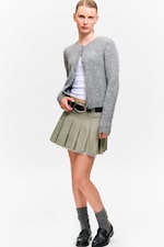 Khaki Green - Mid-Rise Pleated Mini Twill Skirt - 1