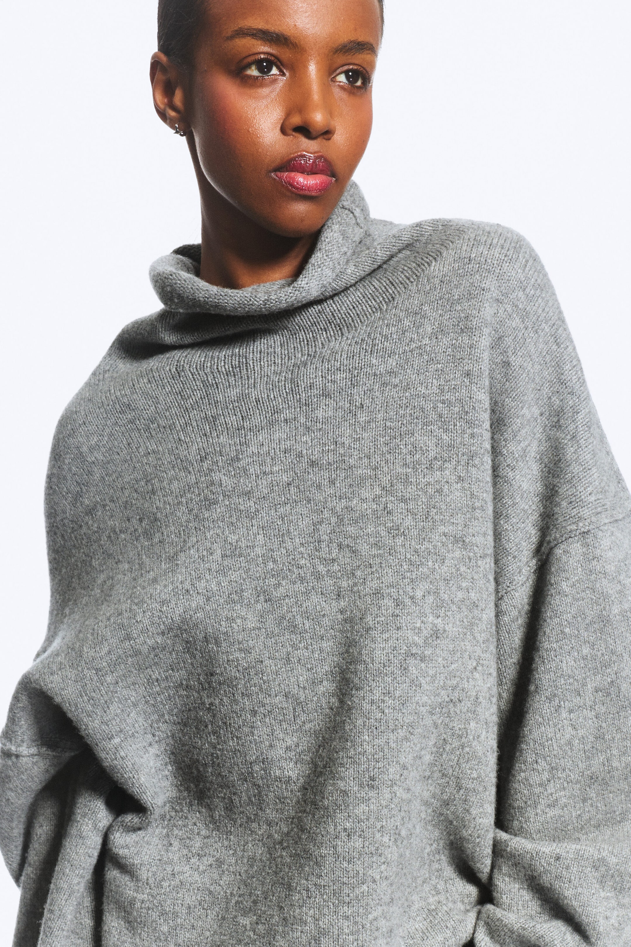 Grey Melange - Loose Wool Turtleneck Sweater - 1