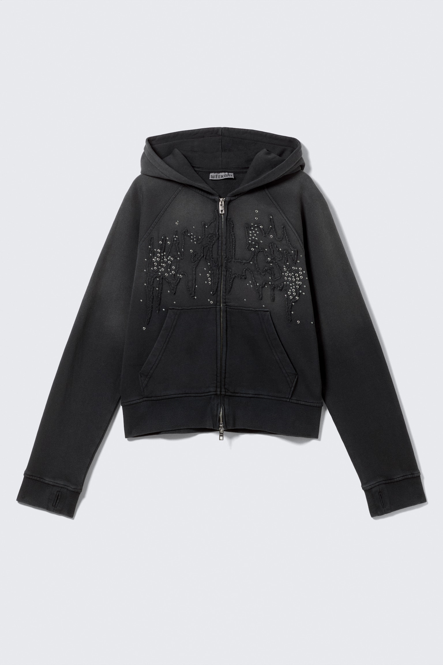 Slim hoodie met rits en studs en grafische print - Gewassen zwart met studs - 2