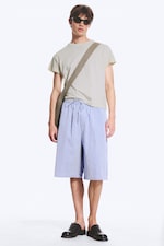 Striped Blue/White - Drawstring Knee-length cotton shorts - 0