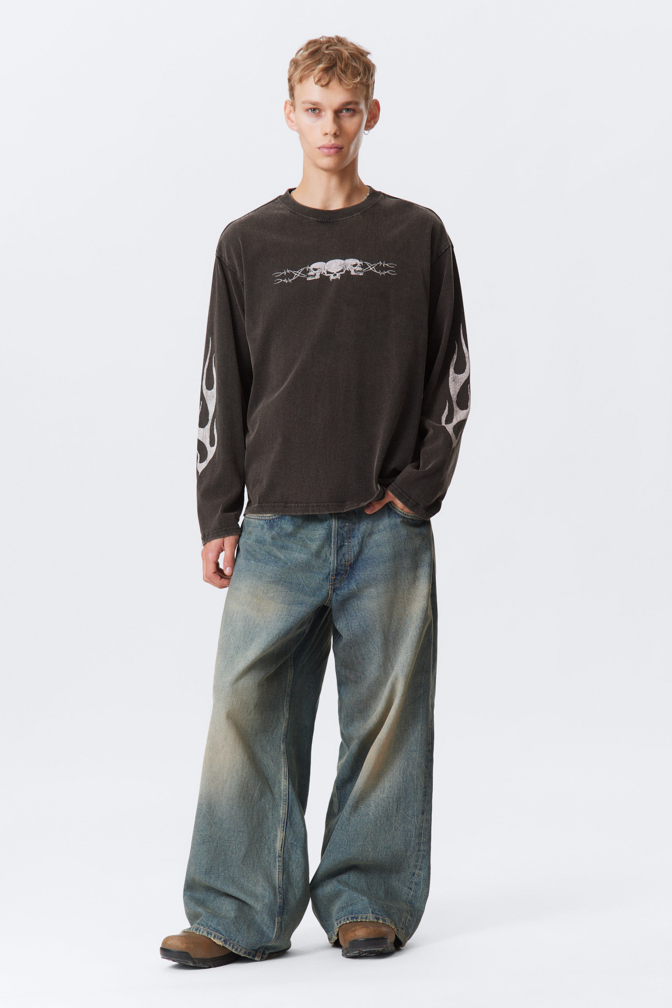 Tvättad svart - Skull Flame - Långärmad Grafisk T-shirt - 2