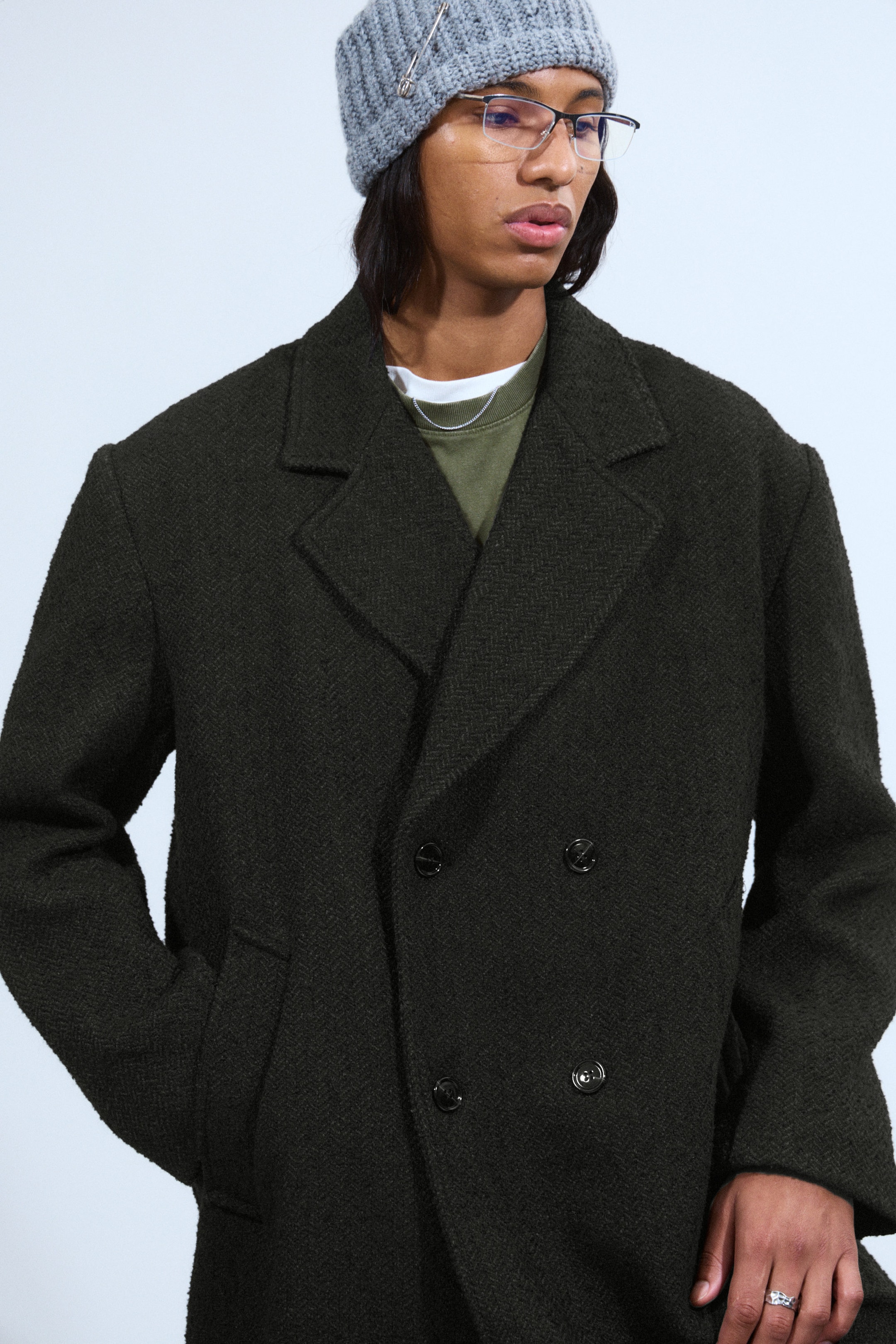 Vert foncé chevrons - Manteau en laine mélangée croisé oversize - 2