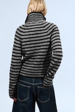 Black & Grey Stripes - Soft Knitted Fitted Zip Cardigan - 2