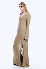 Beige - Sheer Long-Sleeved V-neck Maxi Dress - 2