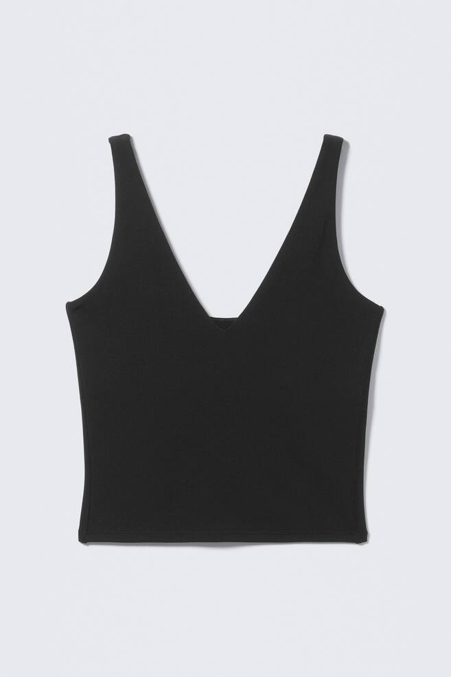 A black sleeveless top is displayed from the front. It features a deep V-neckline and wide shoulder straps, and is fitted with a straight hem. - 1