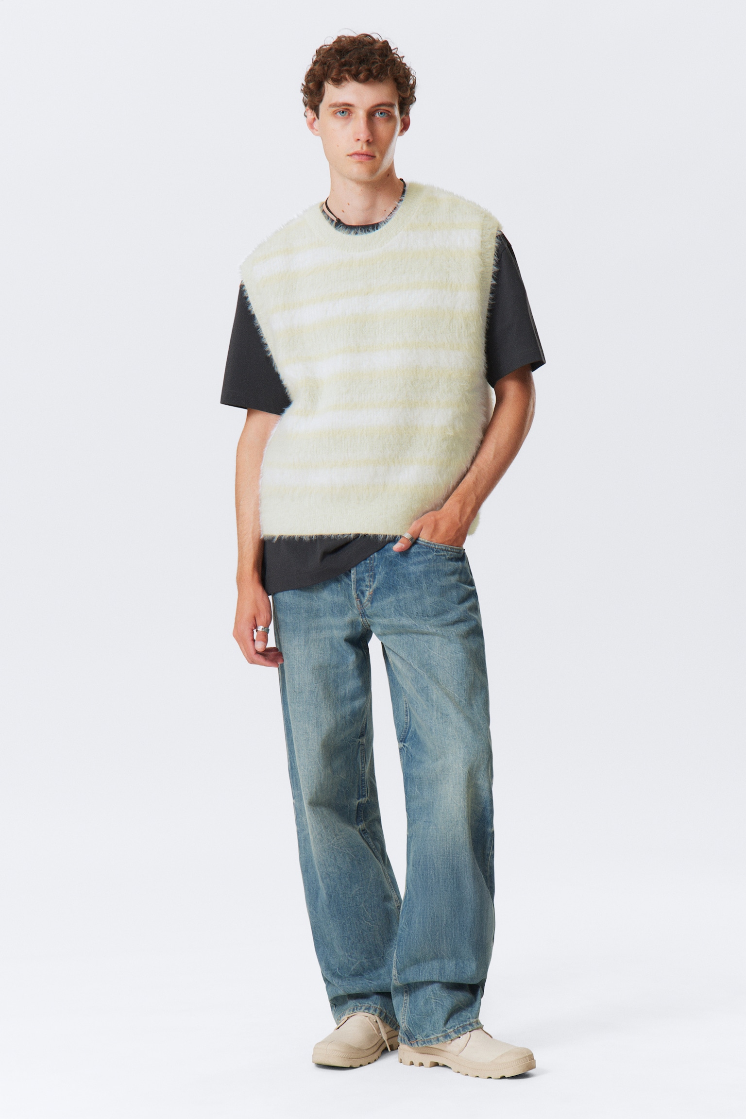 Striped Hairy Knit Vest - White/Multicoloured Striped - 5
