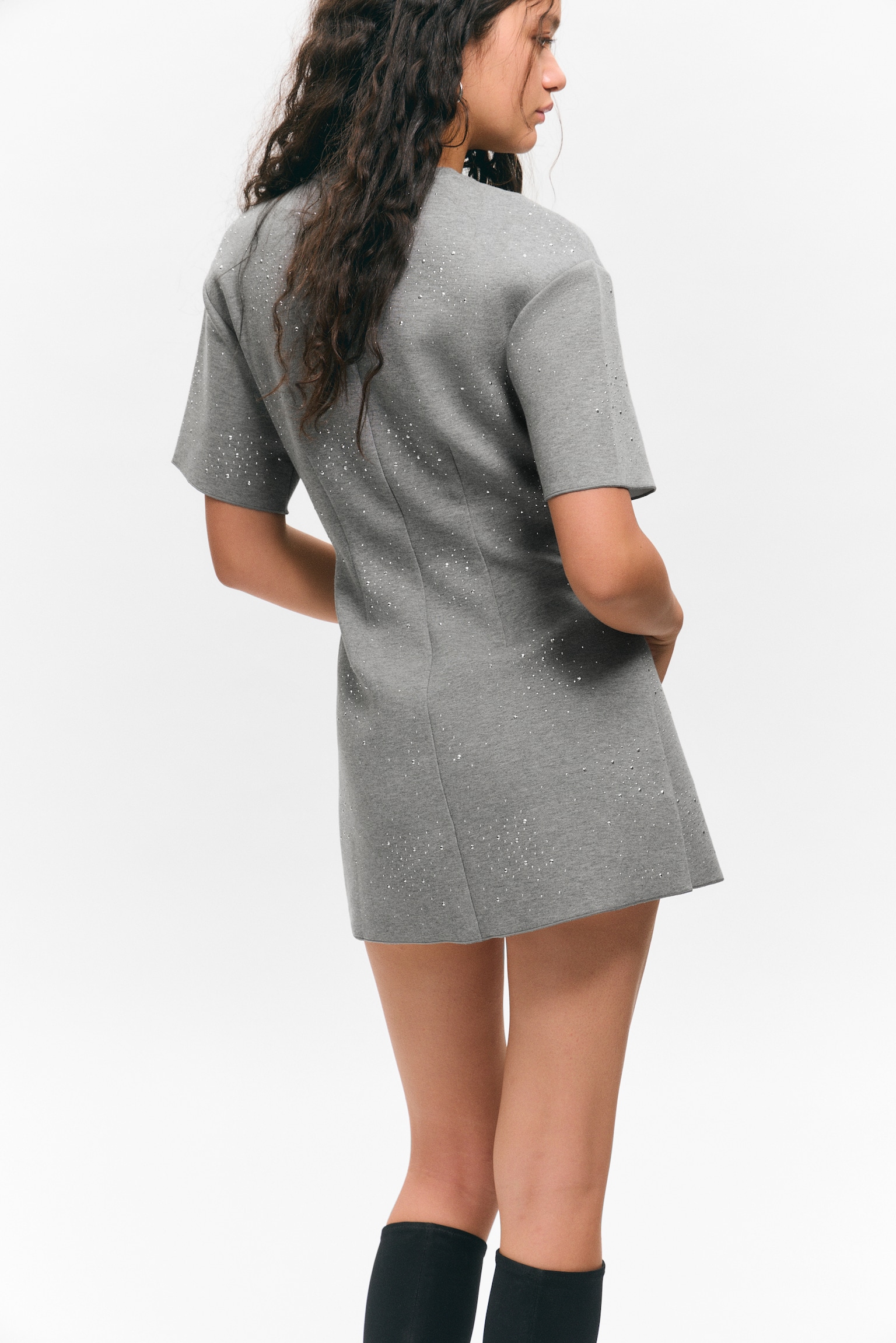 Studded Mini Scuba Tee Dress - Grey Melange - Studs - 3
