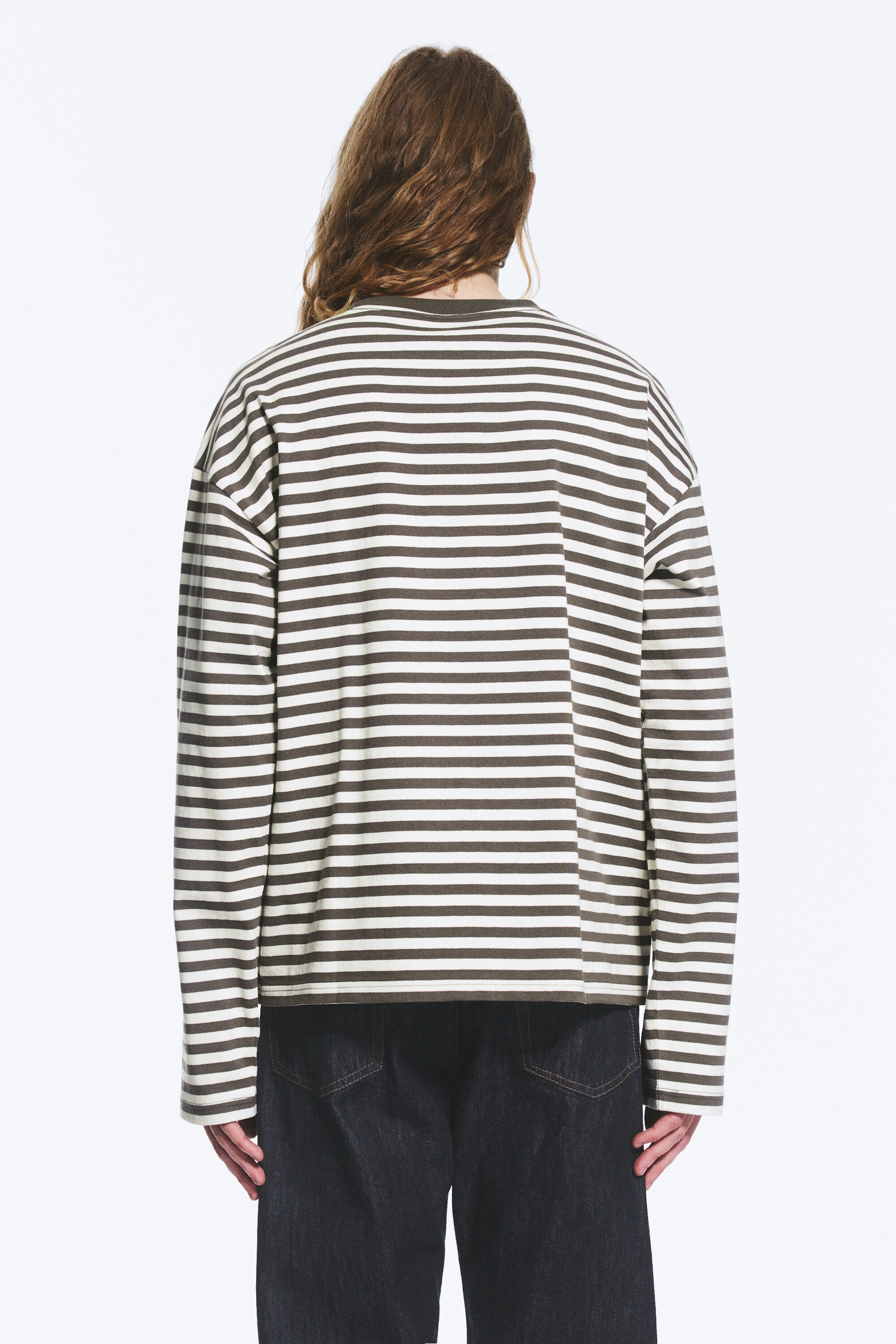 White - Brown Stripes - Loose Boxy Long-Sleeved T-shirt - 2