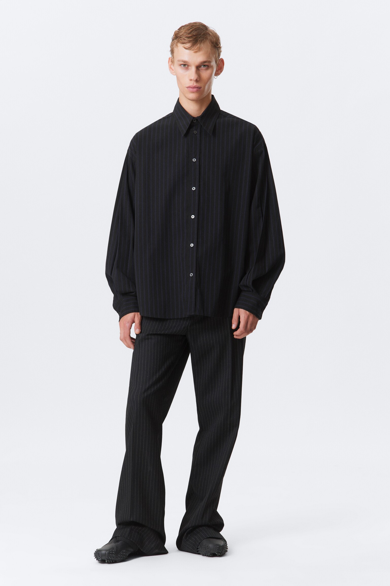 Oversized Button-Up Poplin Shirt - Black - Dark Blue Stripes - 5