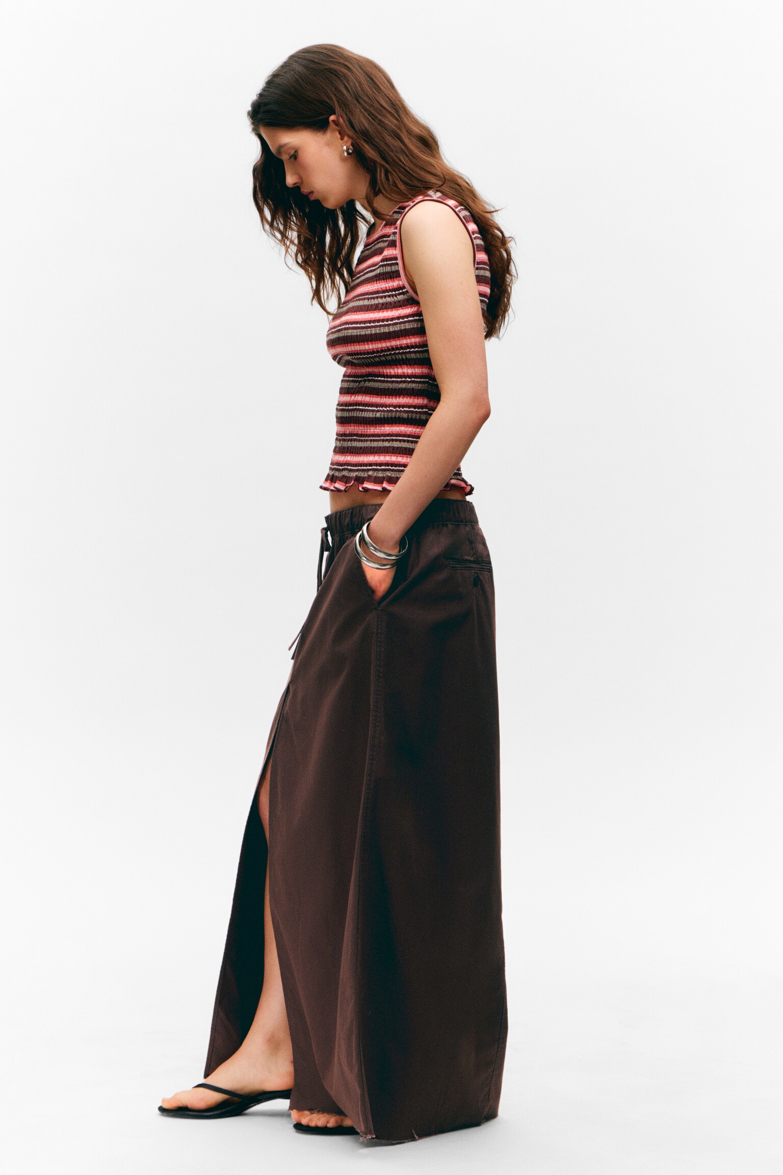 Drawstring Cotton Canvas Maxi Skirt - Dark Brown/White - 4