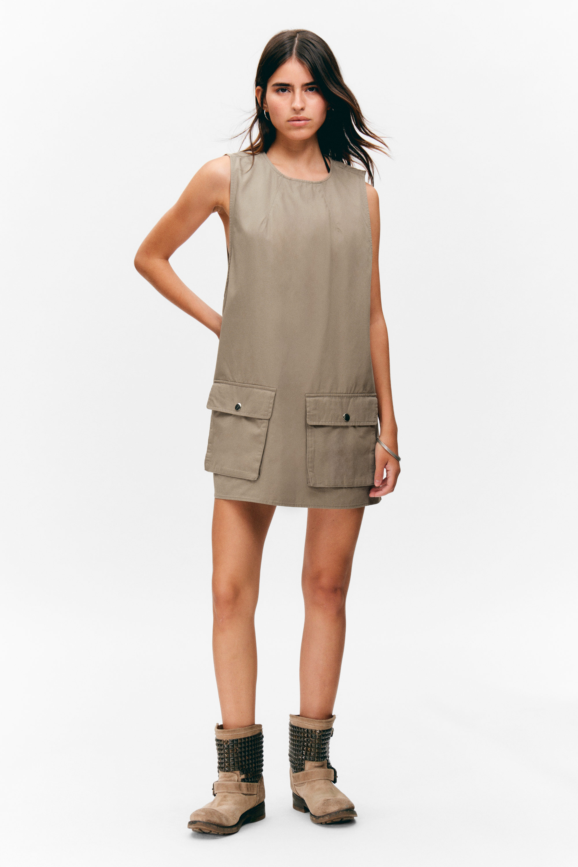 Beige - Utility Cotton Canvas Mini Pinafore Dress - 1