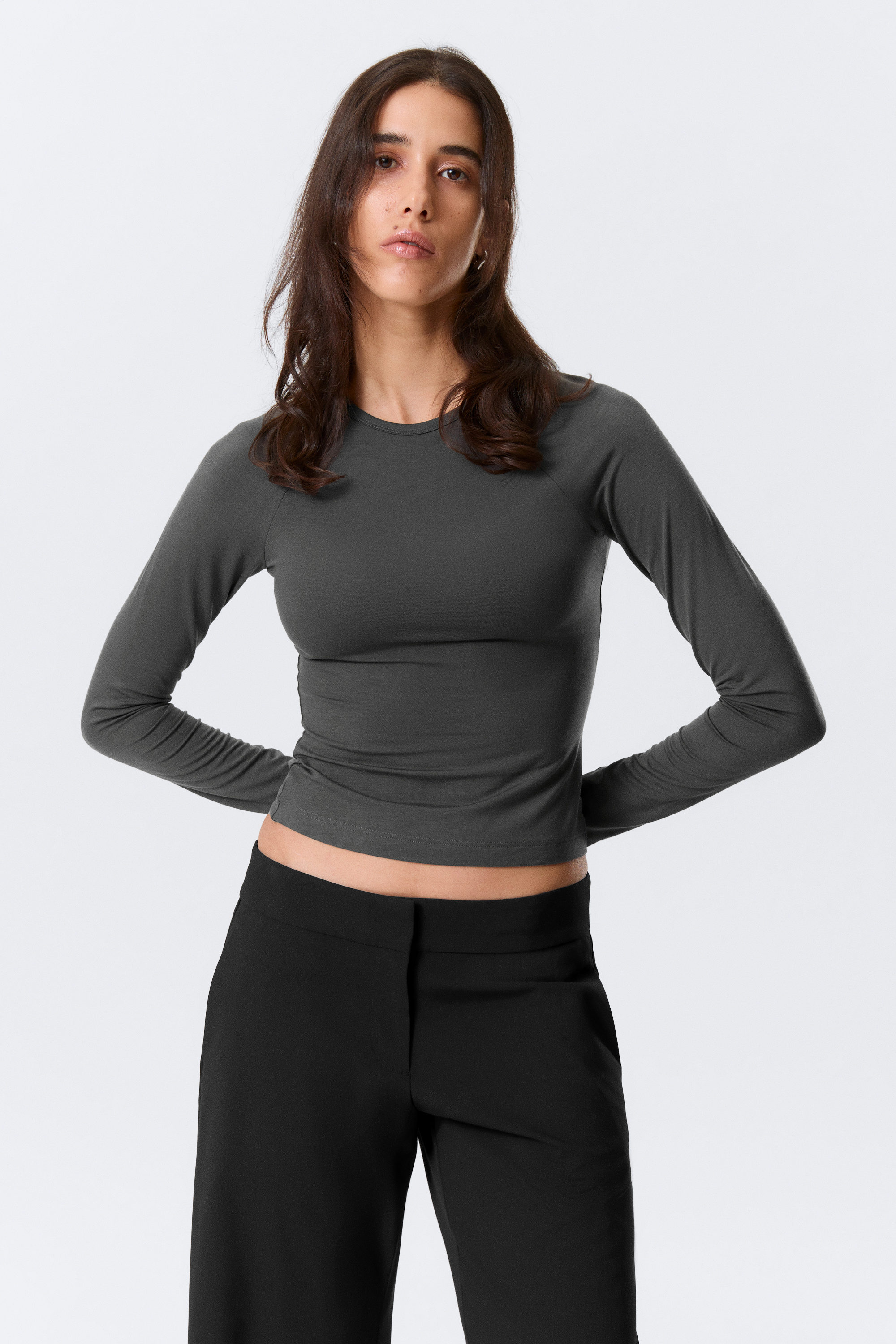 Dark Grey - Fitted Raglan-Sleeved Top - 1