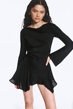 Black - Long-Sleeved Asymmetric Satin Mini Dress - 2