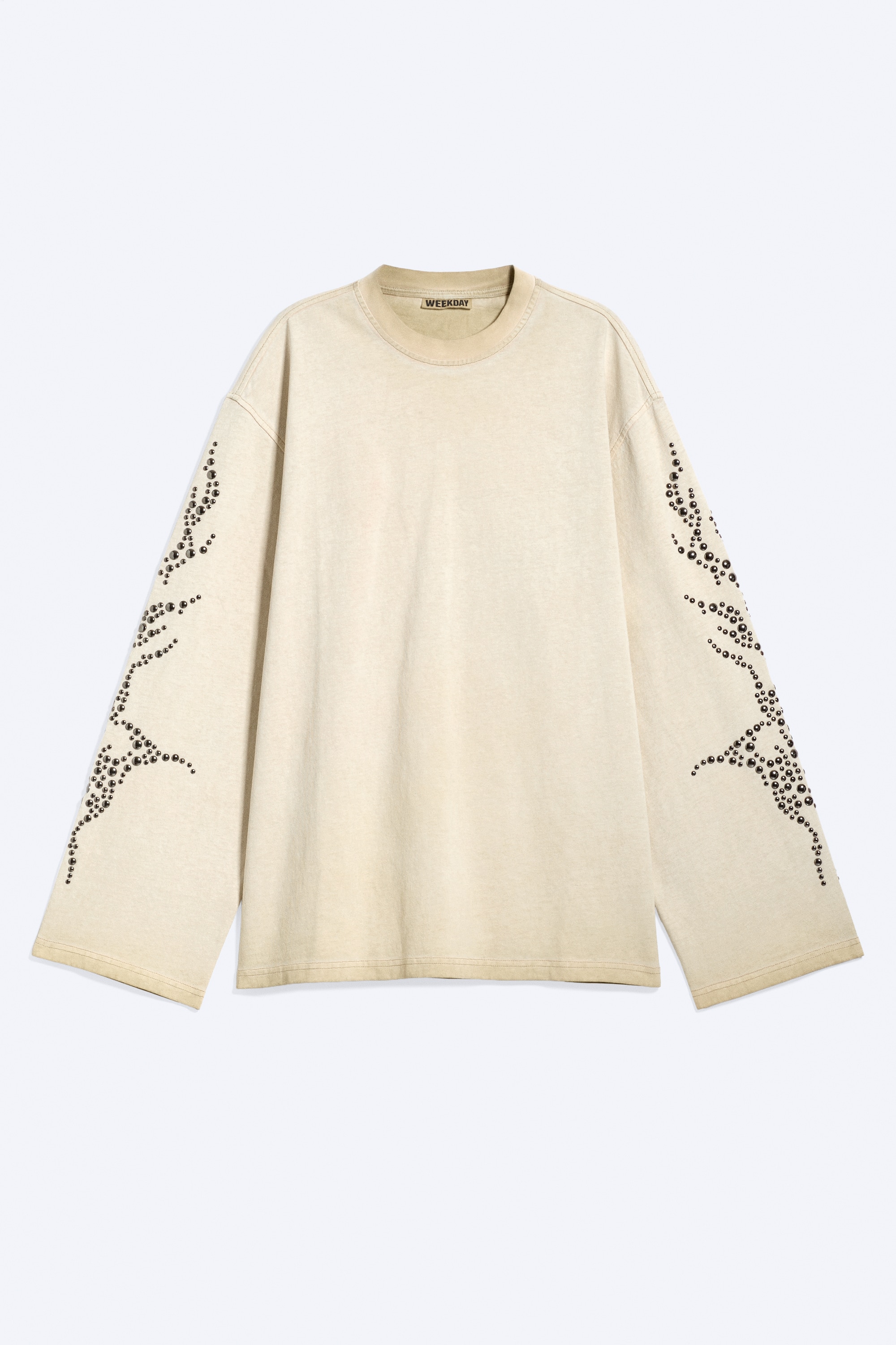 Oversized T-shirt med grafisk print og lange ærmer - Støvet beige - prydet med nitter/Sort – hesteprint