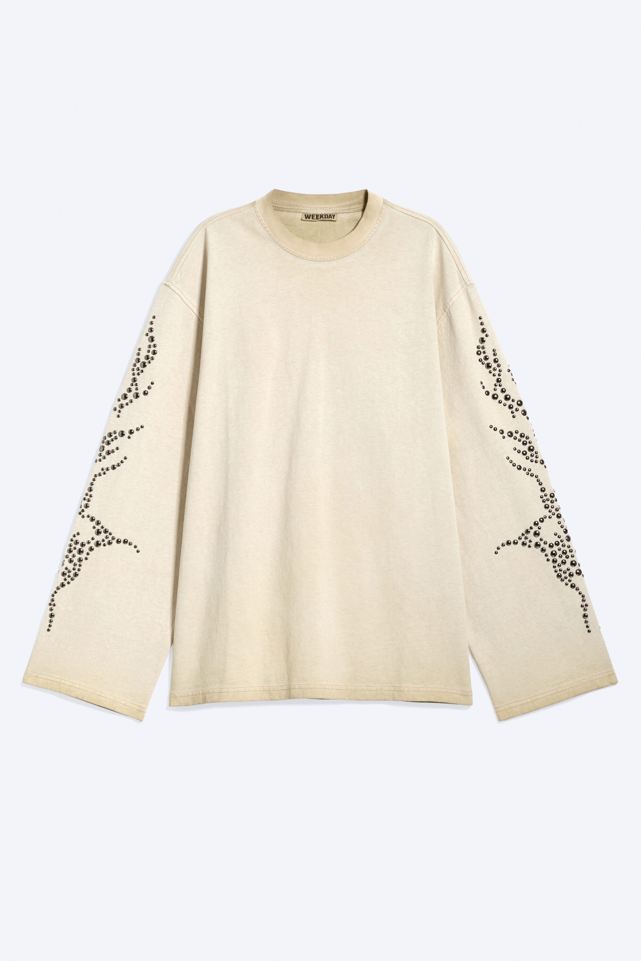 Dusty Beige - Studded - Oversized Graphic Long-Sleeved T-shirt - 1