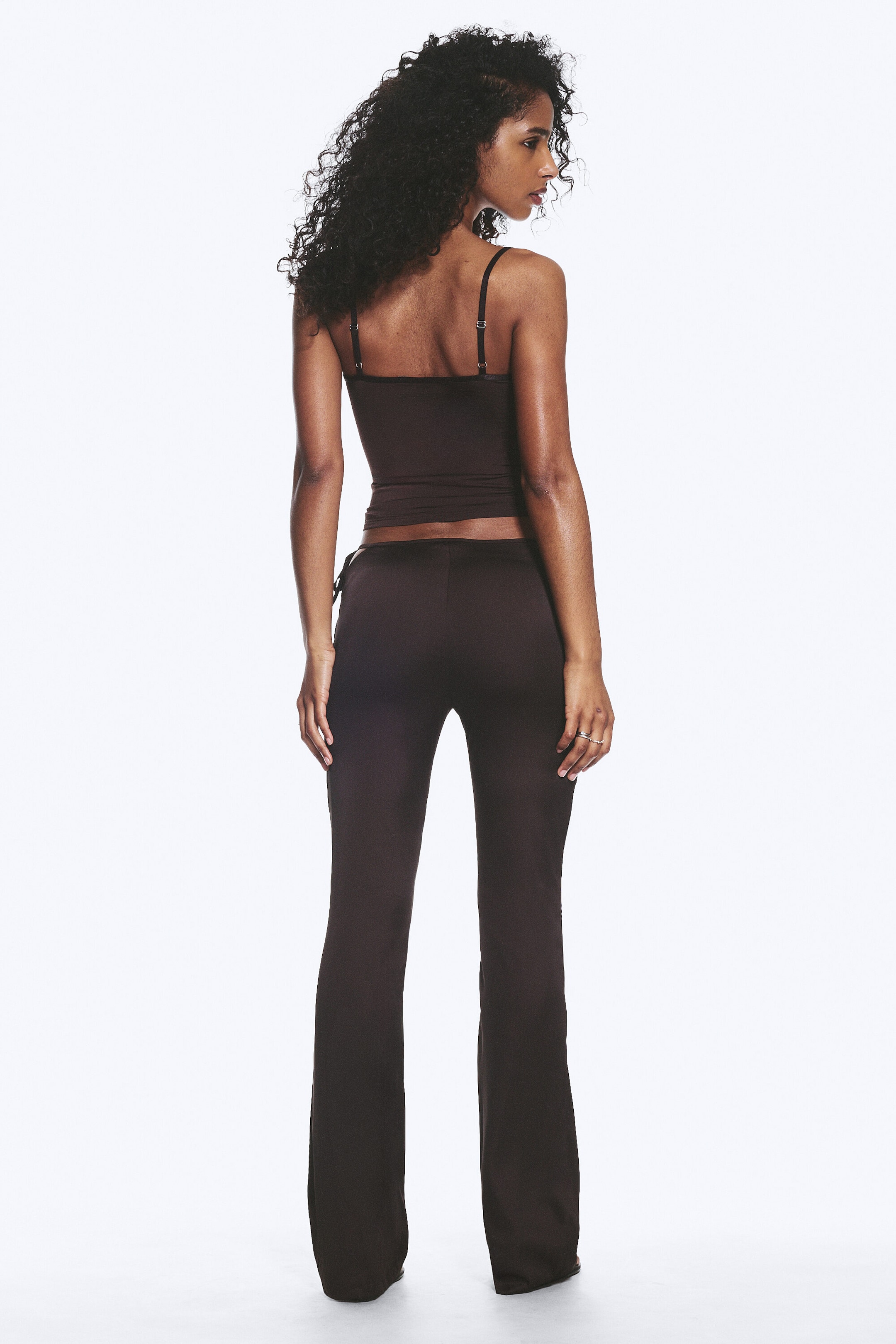 Dark Brown - Satin Cut-Out Flared Trousers - 4