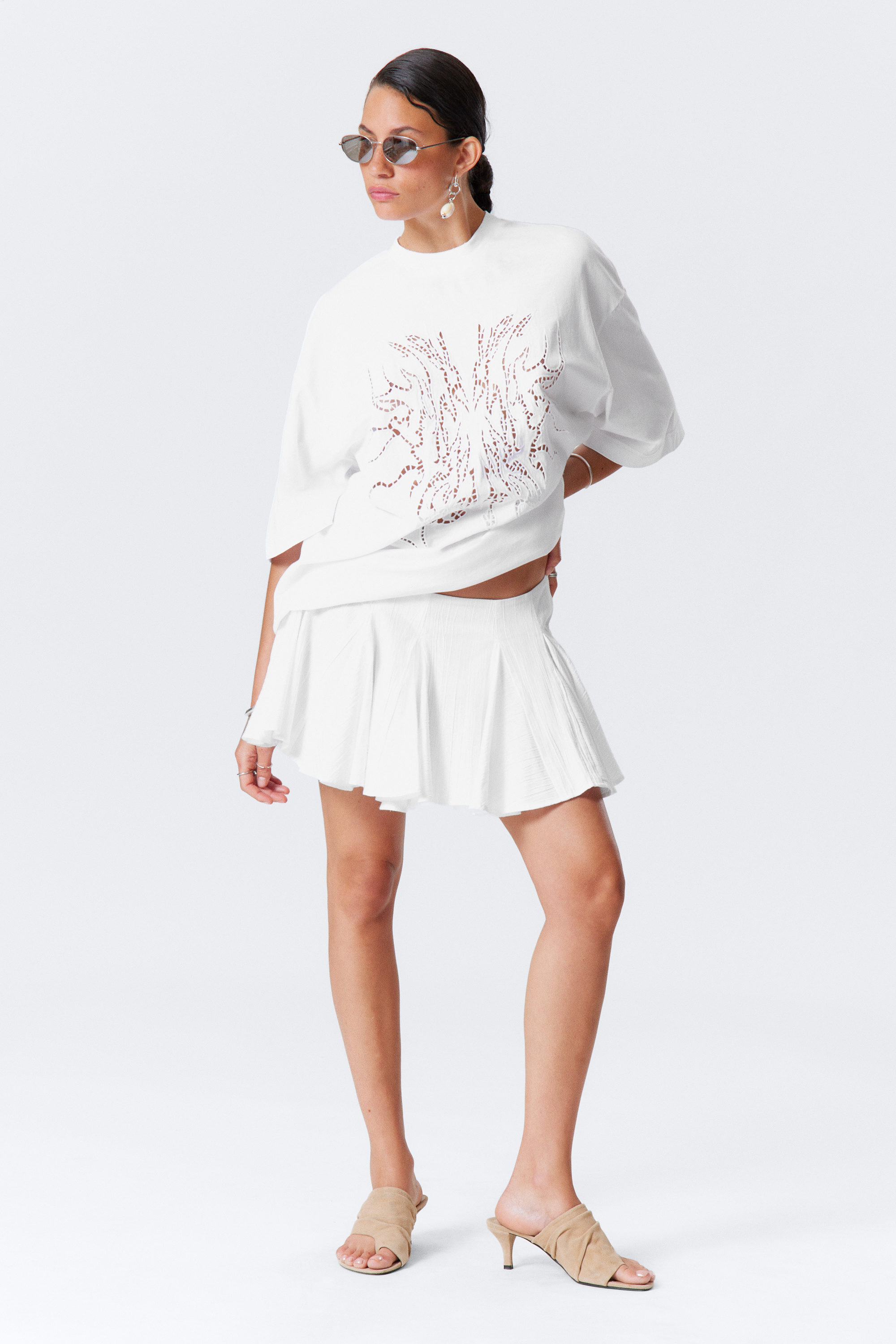 #FFFFFF - Pleated Cotton Mini Skirt - 1