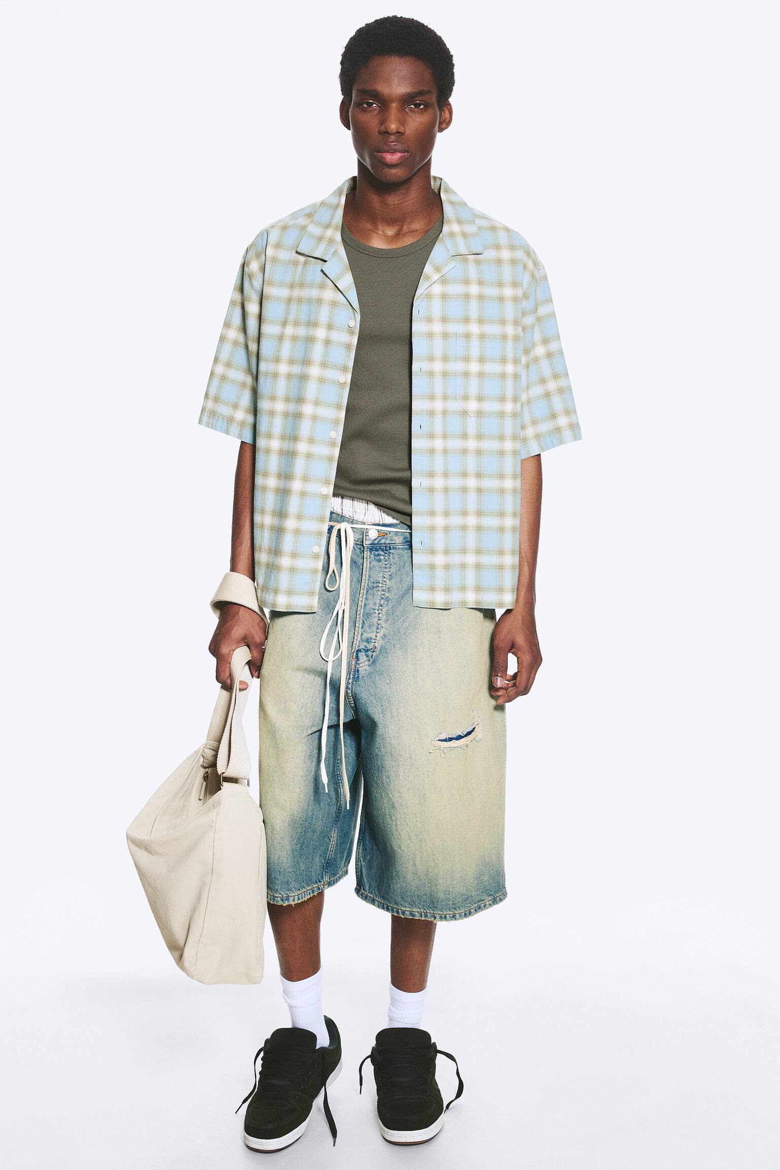 Chemise boutonnée en coton manches courtes - Carreaux bleus - 1