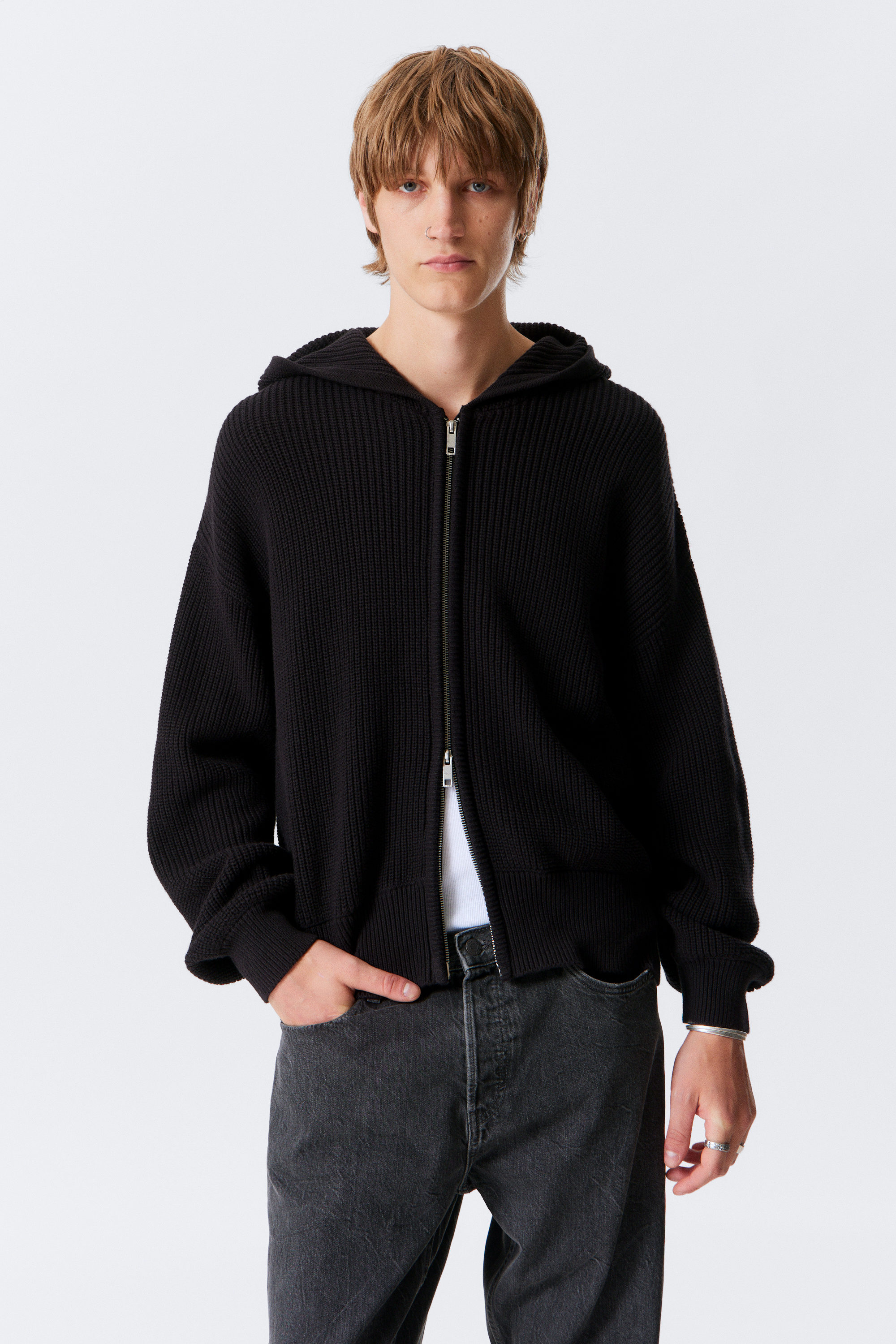 Black - Boxy Knitted Hoodie - 0
