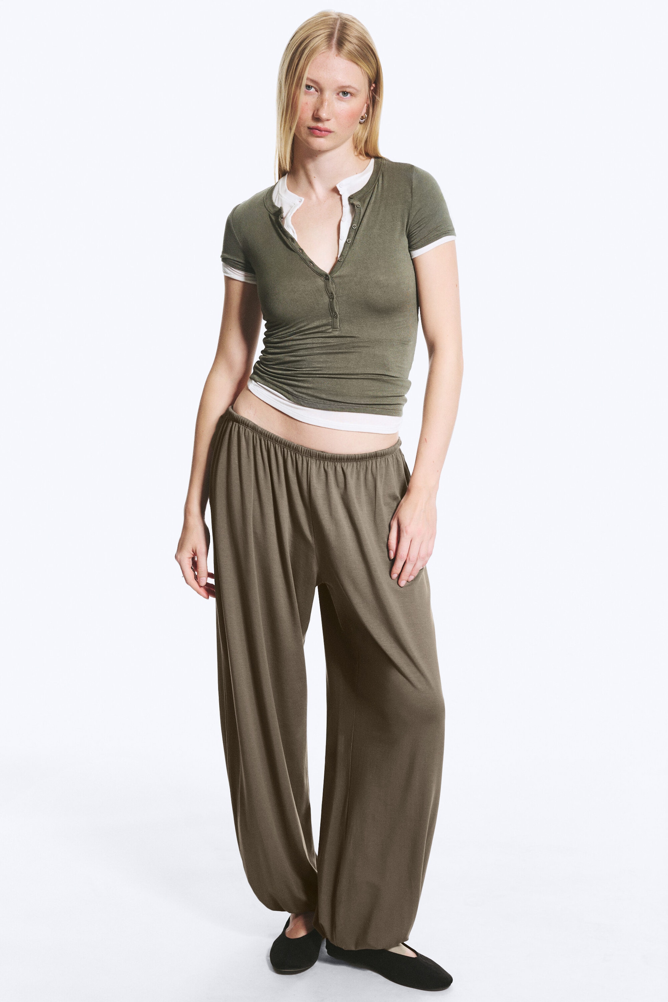 Dusty Khaki Green - Henley Short-sleeved Top - 2