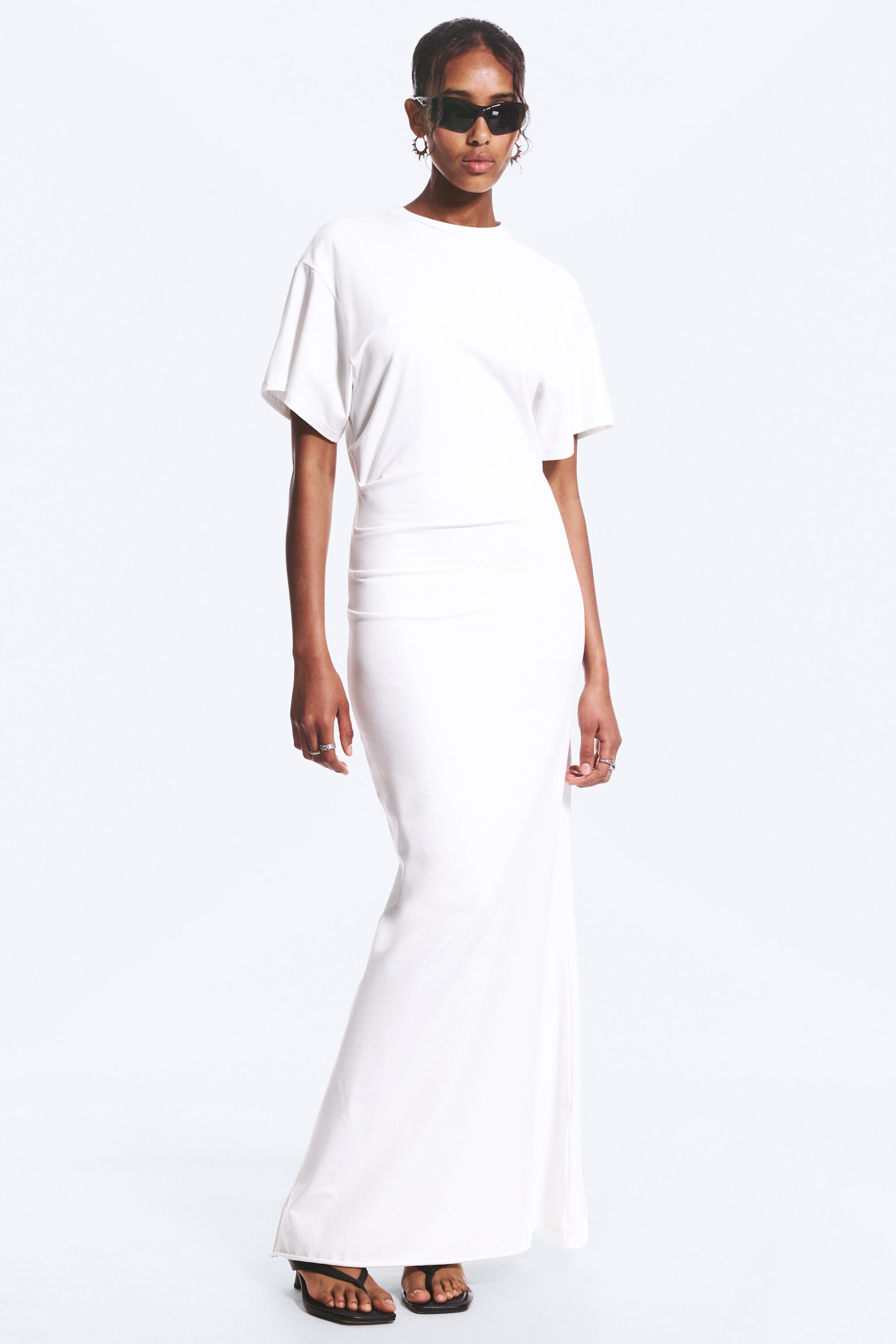 White - Gathered Short-Sleeved Maxi Dress - 1
