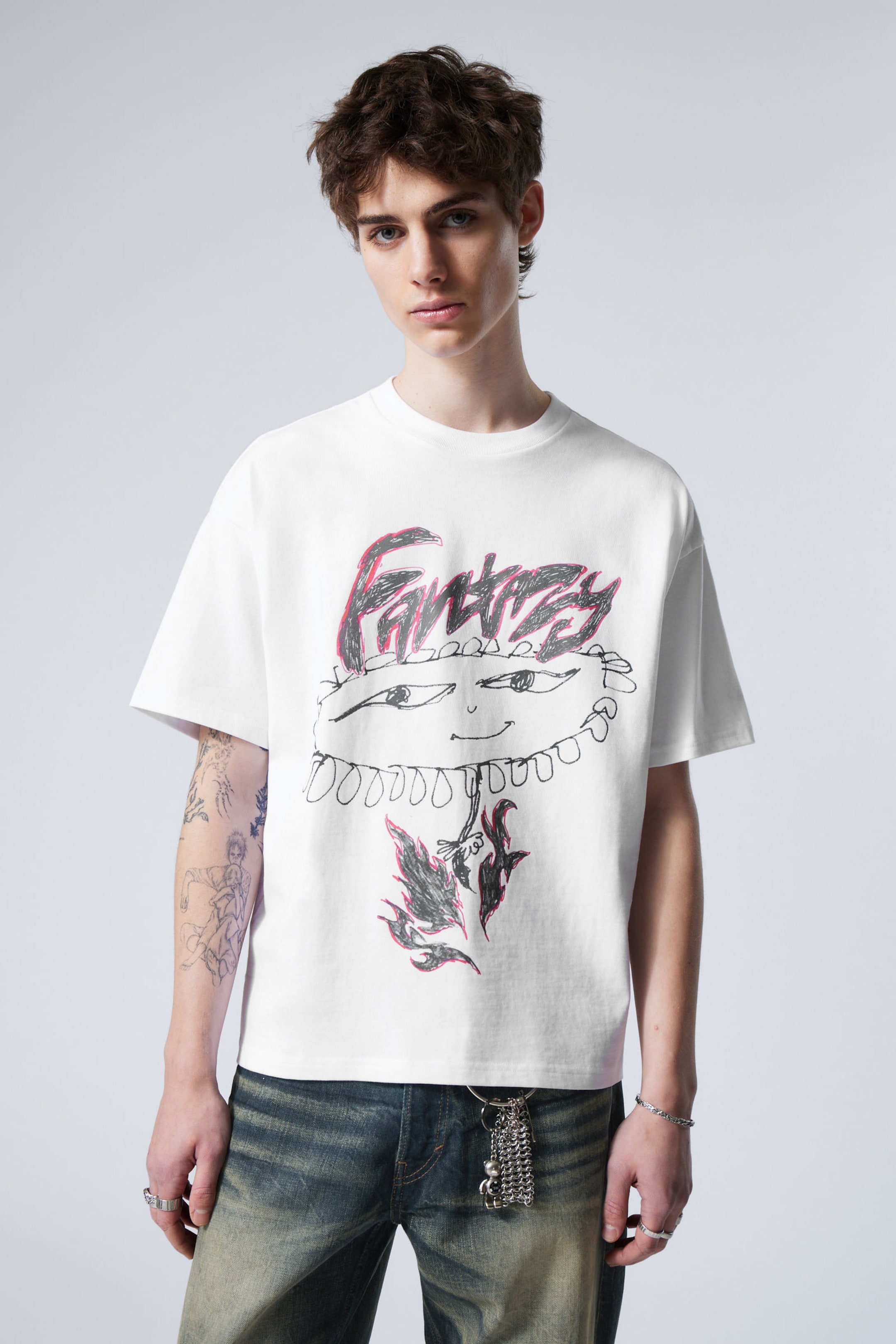 White - Fantazy Flower - Great Boxy Printed Graphic Tee - 0