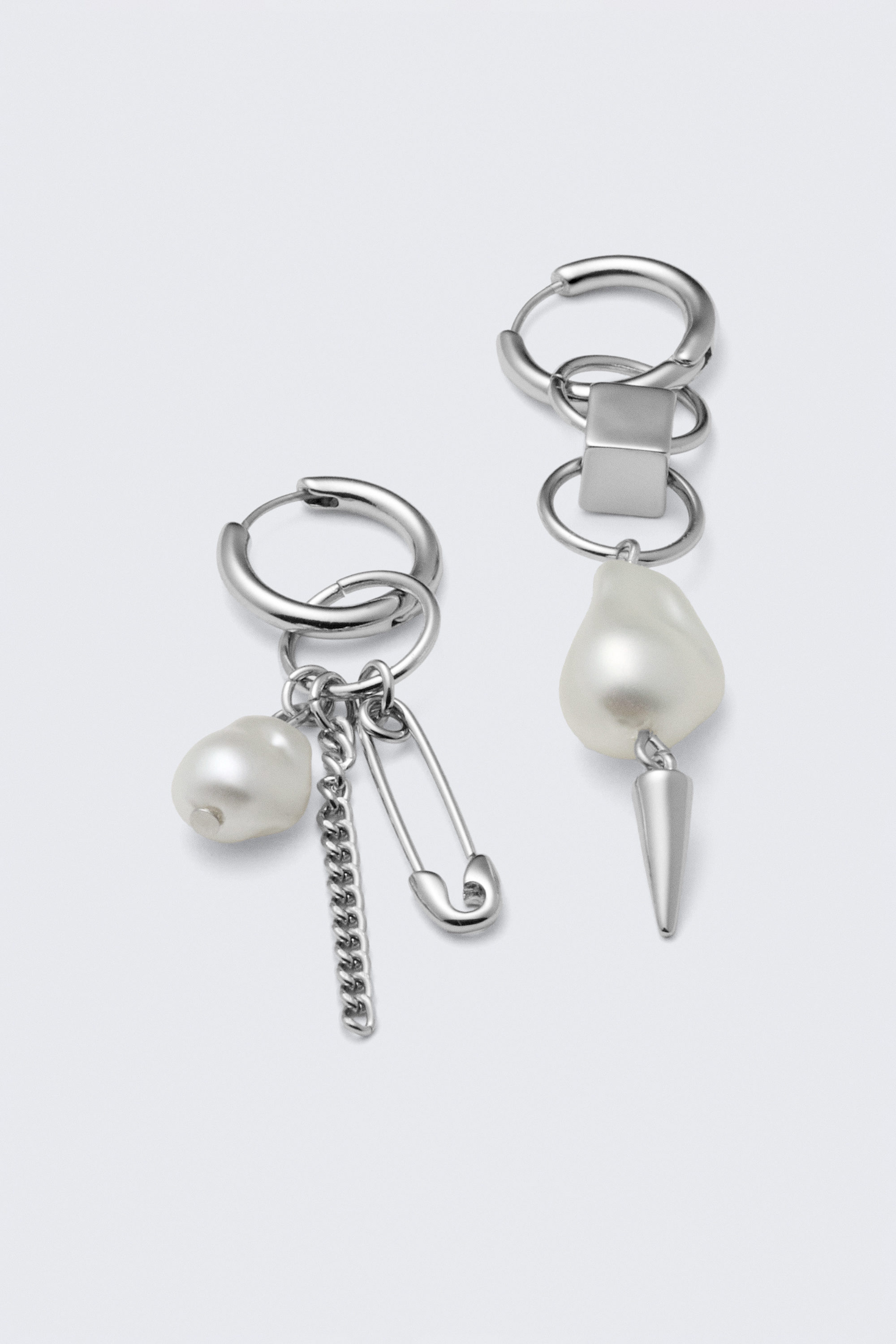 Silver - Asymmetric Pearl Hoop Earrings - 2