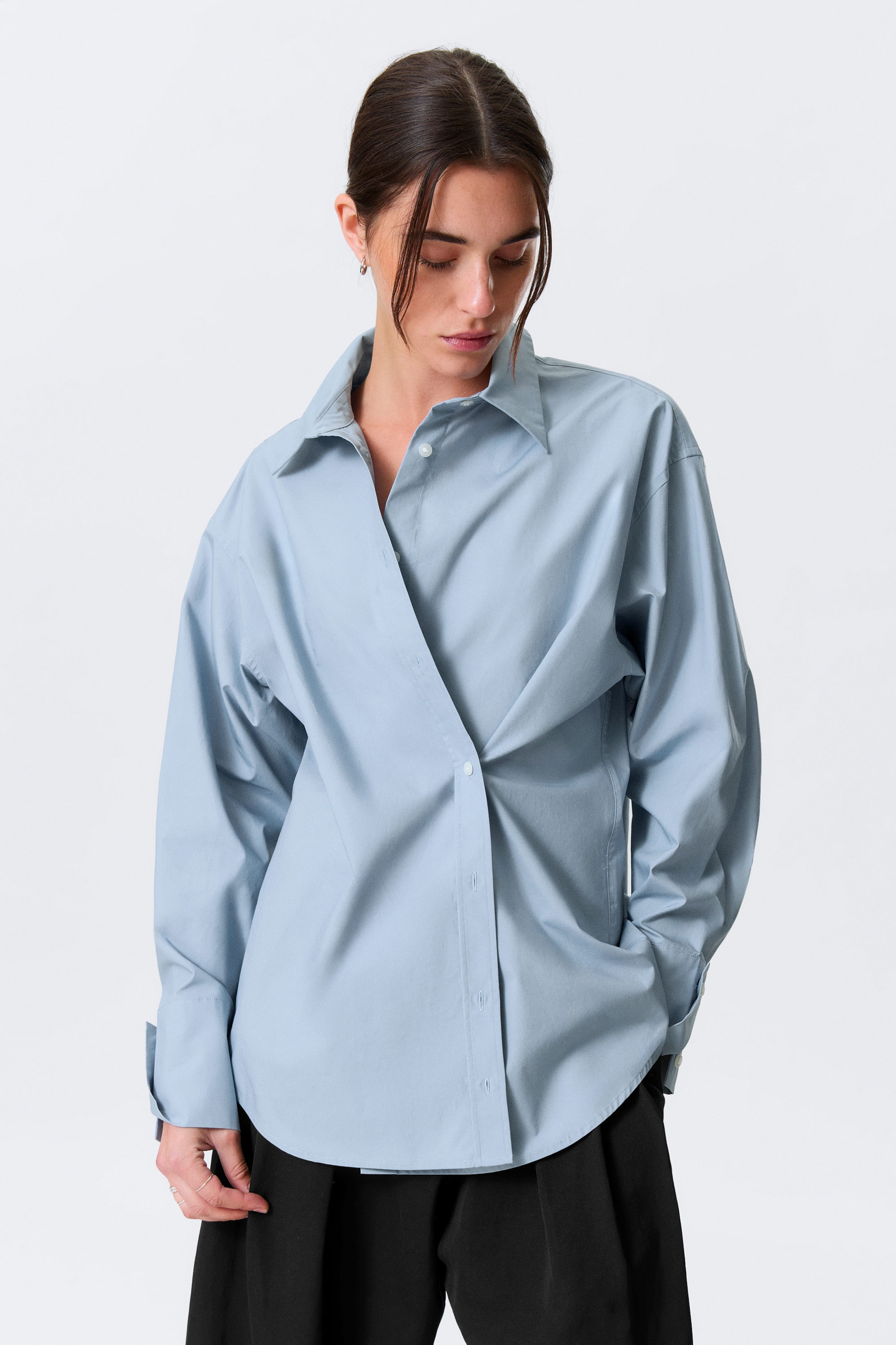 Light Blue - Cross-Buttoned Long-Sleeved Cotton Shirt - 3